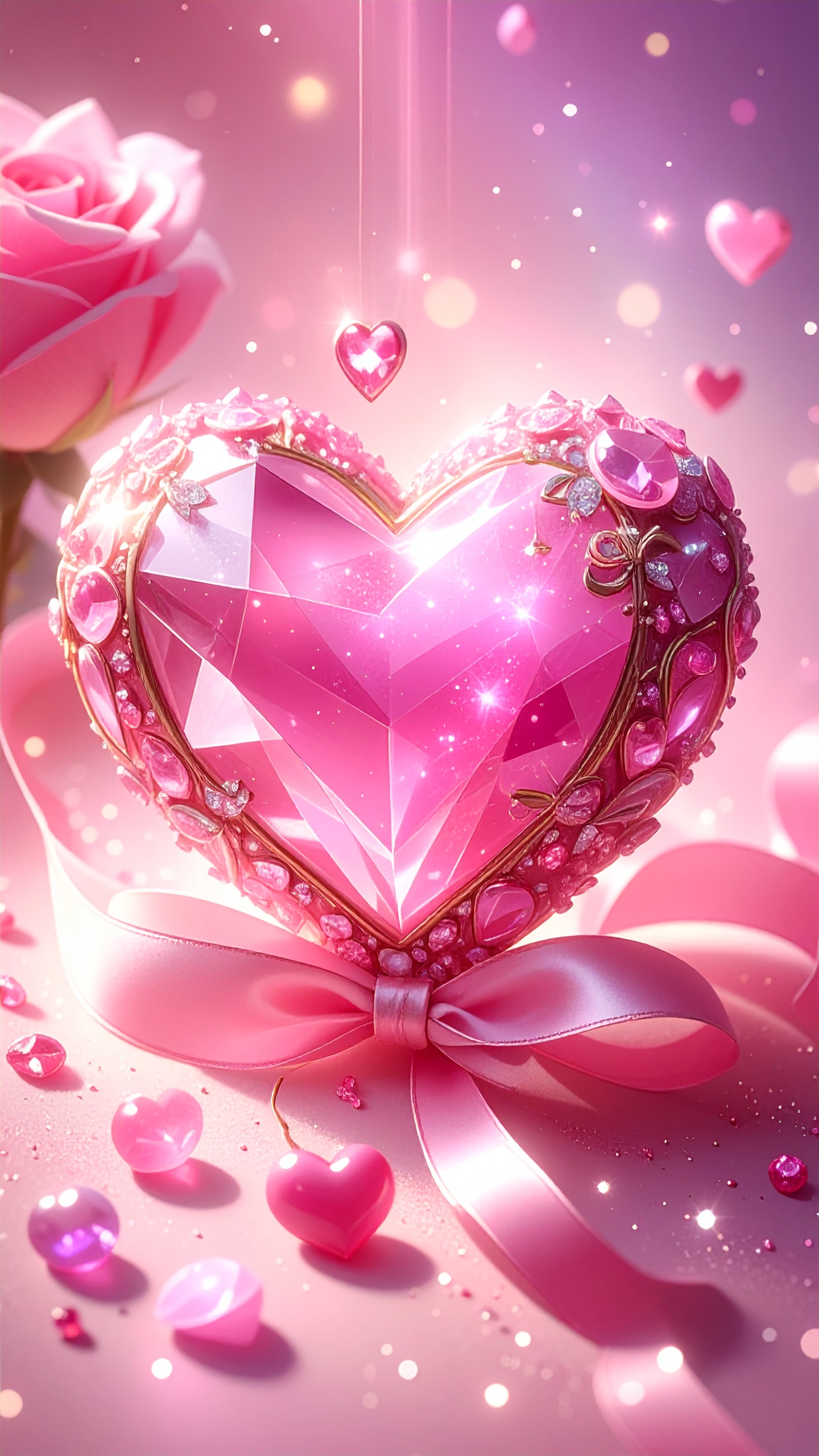 ピンクの宝石でできた巨大なハートとリボン。華やかでロマンチック。