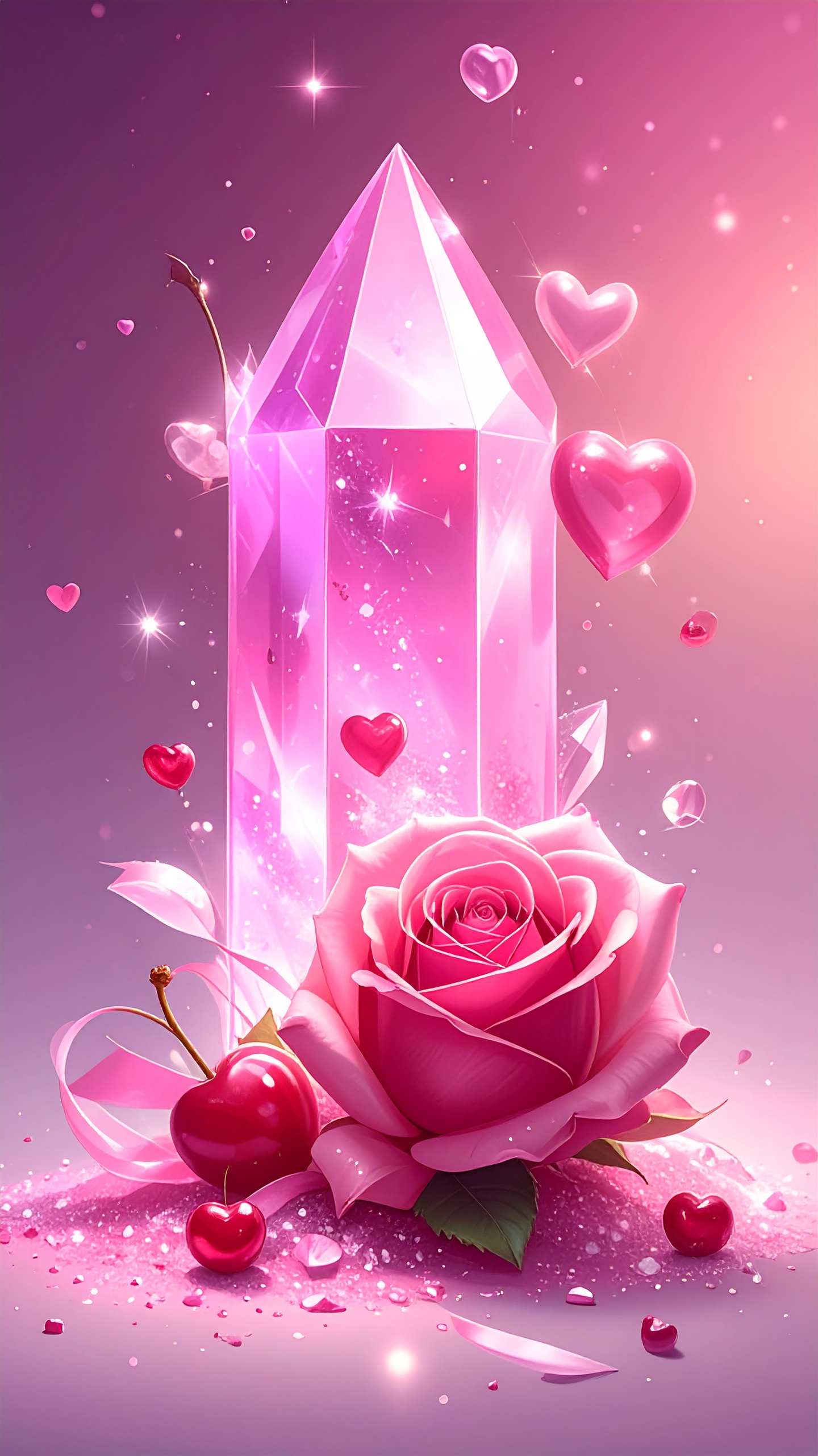 ピンクのクリスタルとバラ、ハートが輝くロマンチックなイラスト。