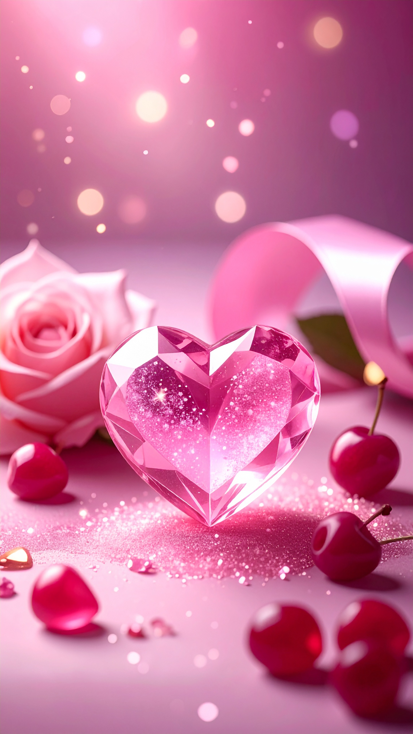 ピンクの宝石ハートがバラとサクランボに囲まれ輝く。