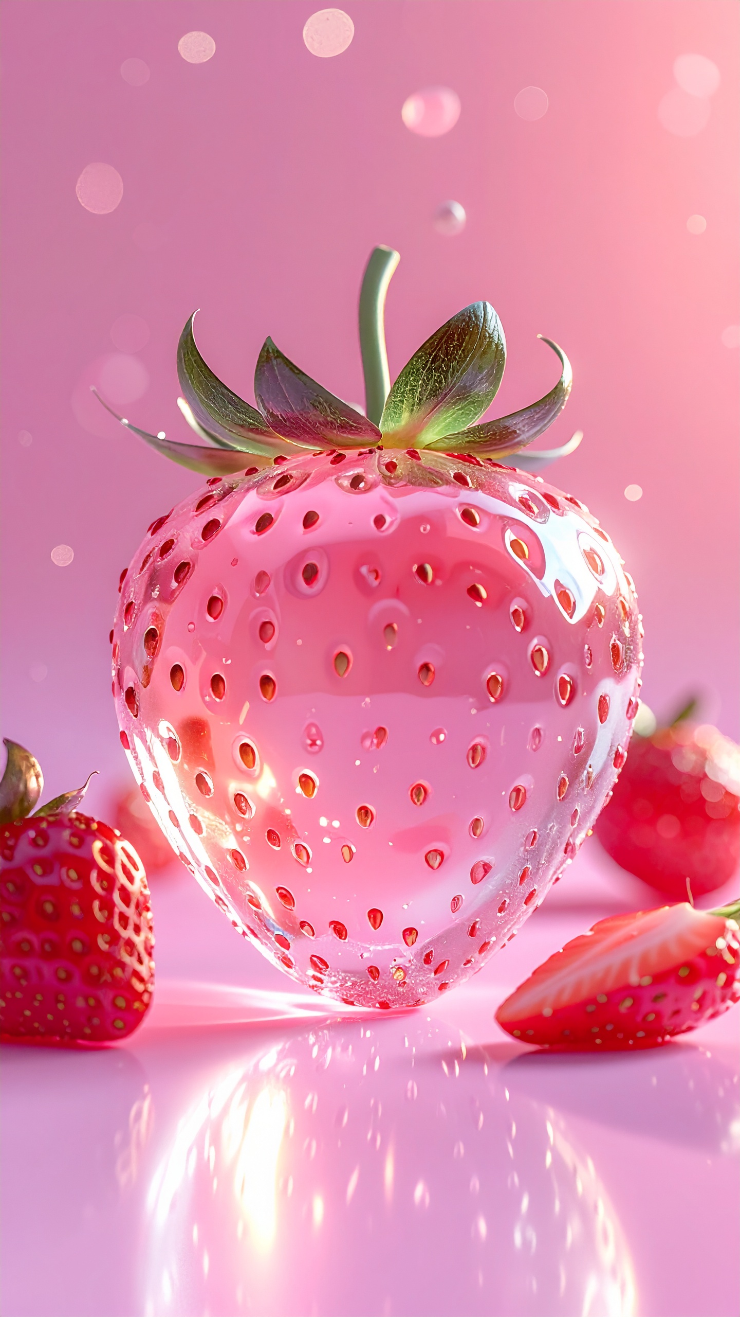 宝石のように透明でピンクに光るイチゴのクローズアップ。