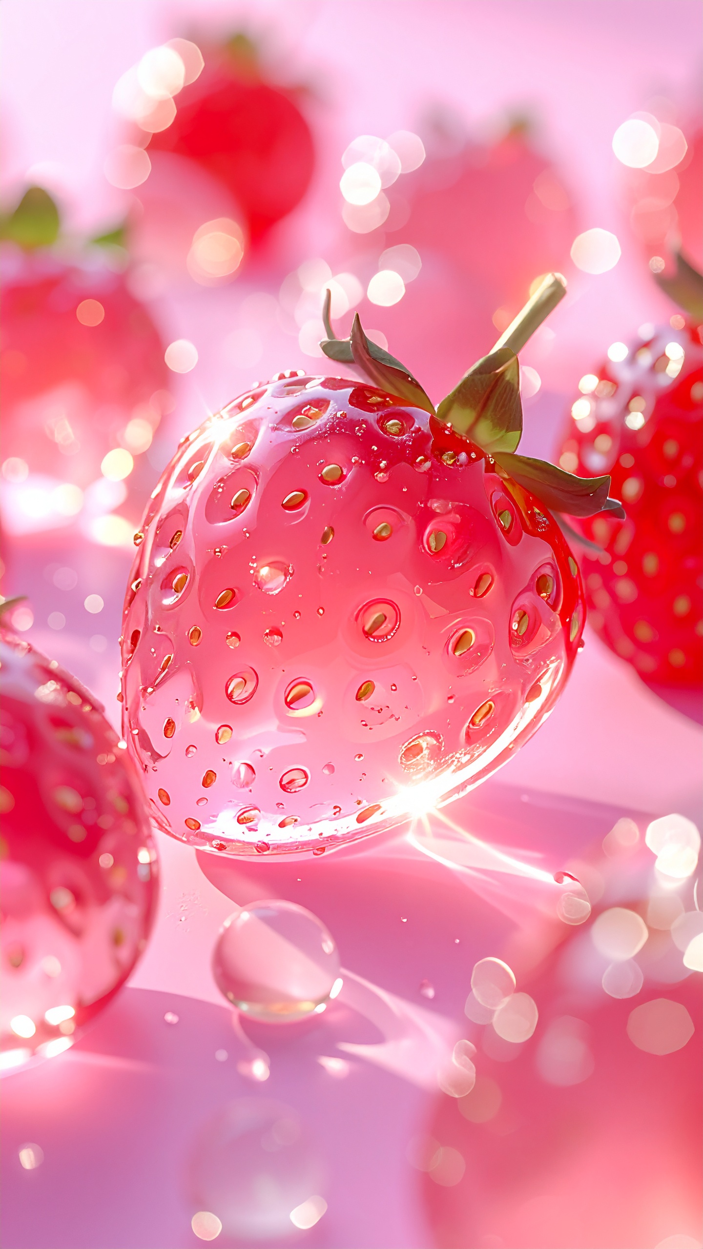 光と水滴に覆われたガラスのようなイチゴのクローズアップ。