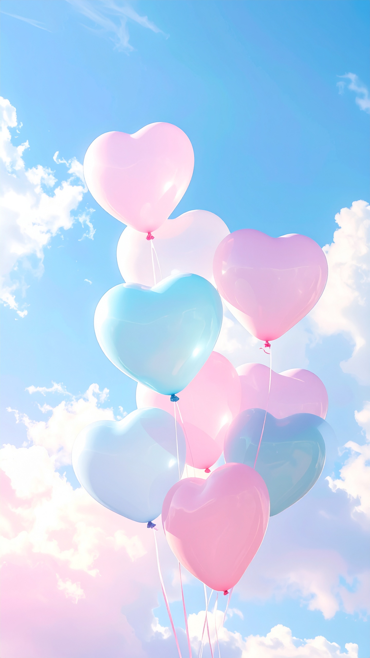 青空に、ピンクと水色のハート形の風船が浮かぶ。
