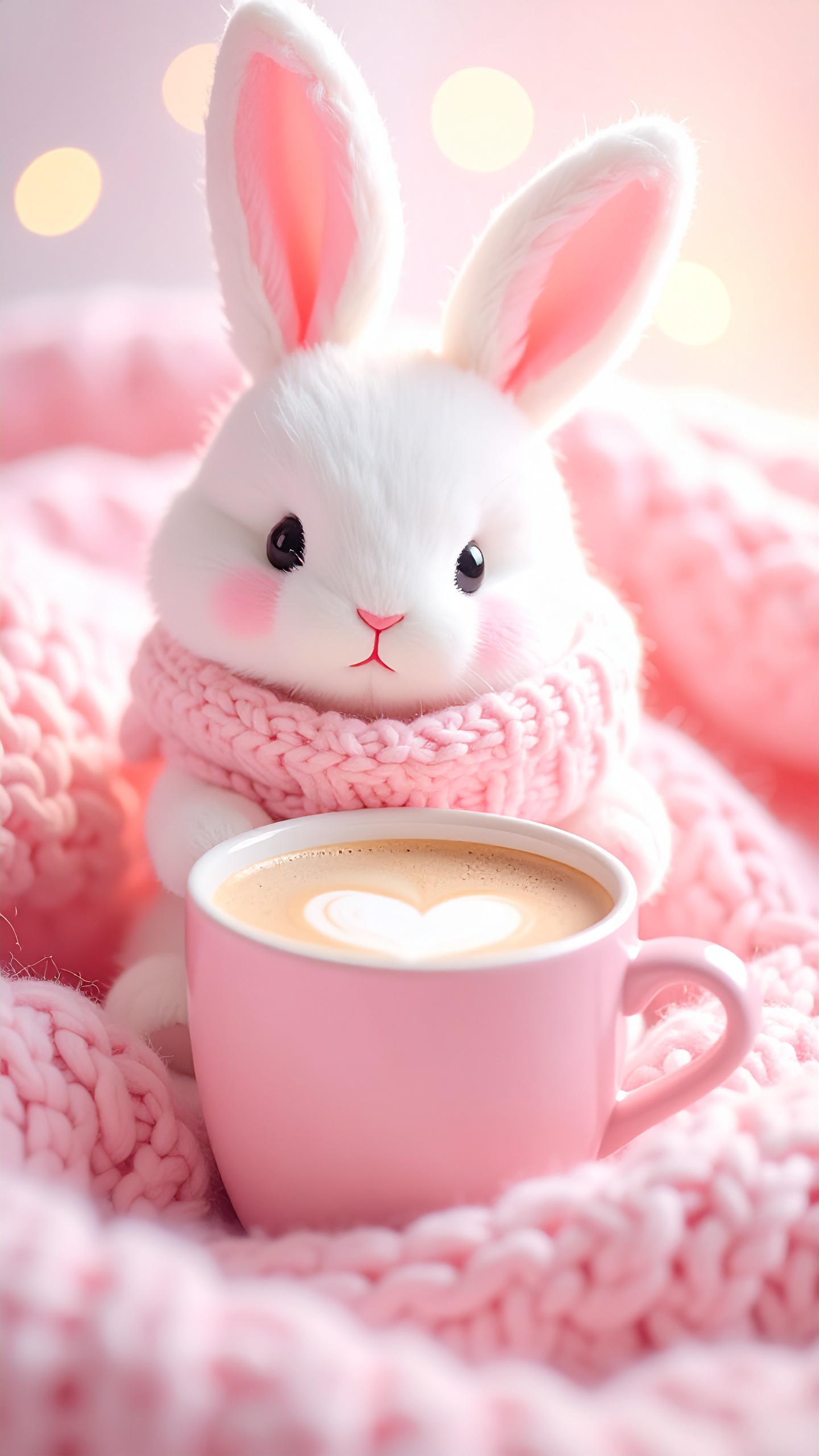 ピンクのマフラーと編み物に包まれたウサギとハートラテ。