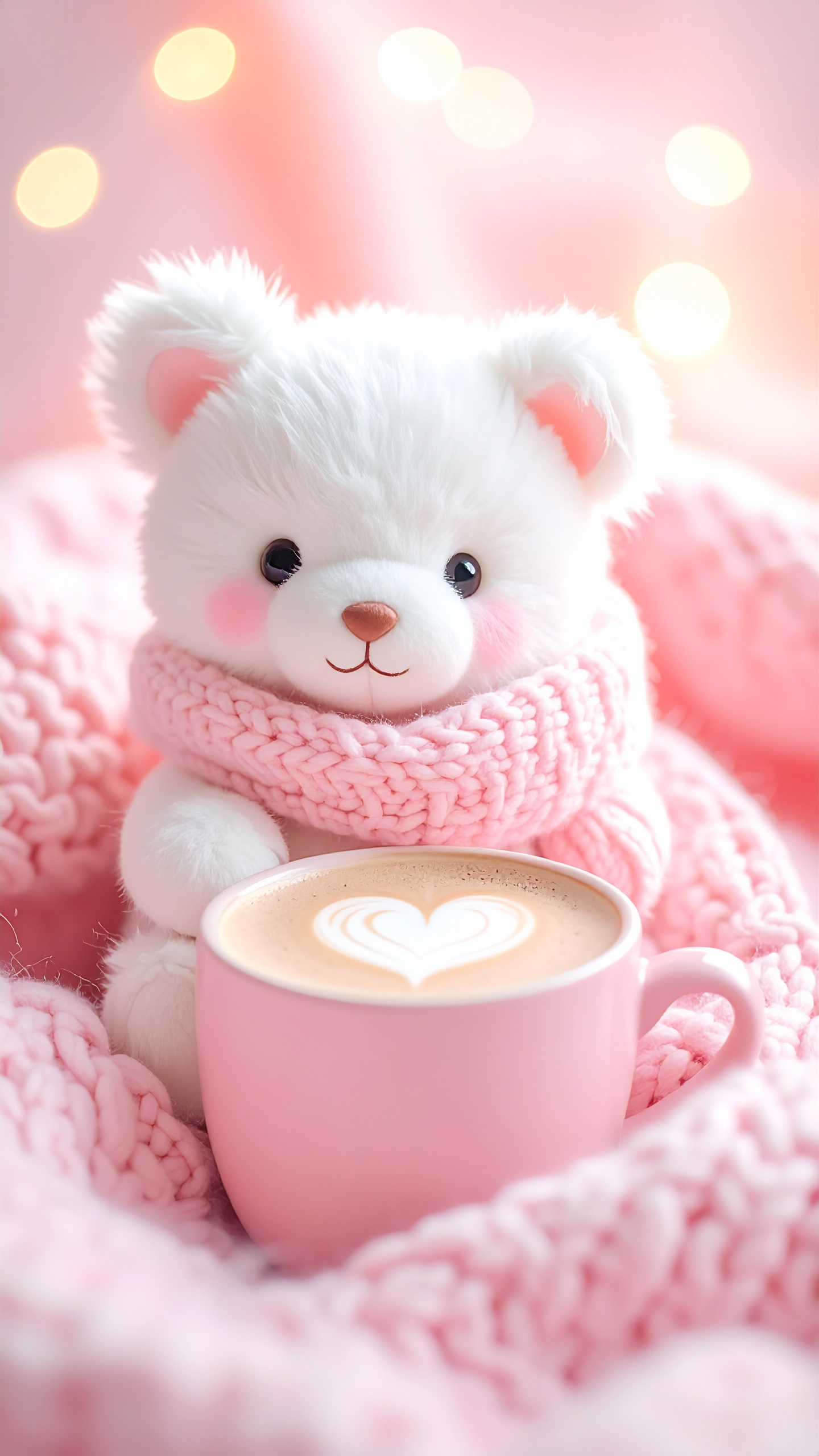 ピンクのマフラーと編み物に包まれたテディベアとハートラテ。