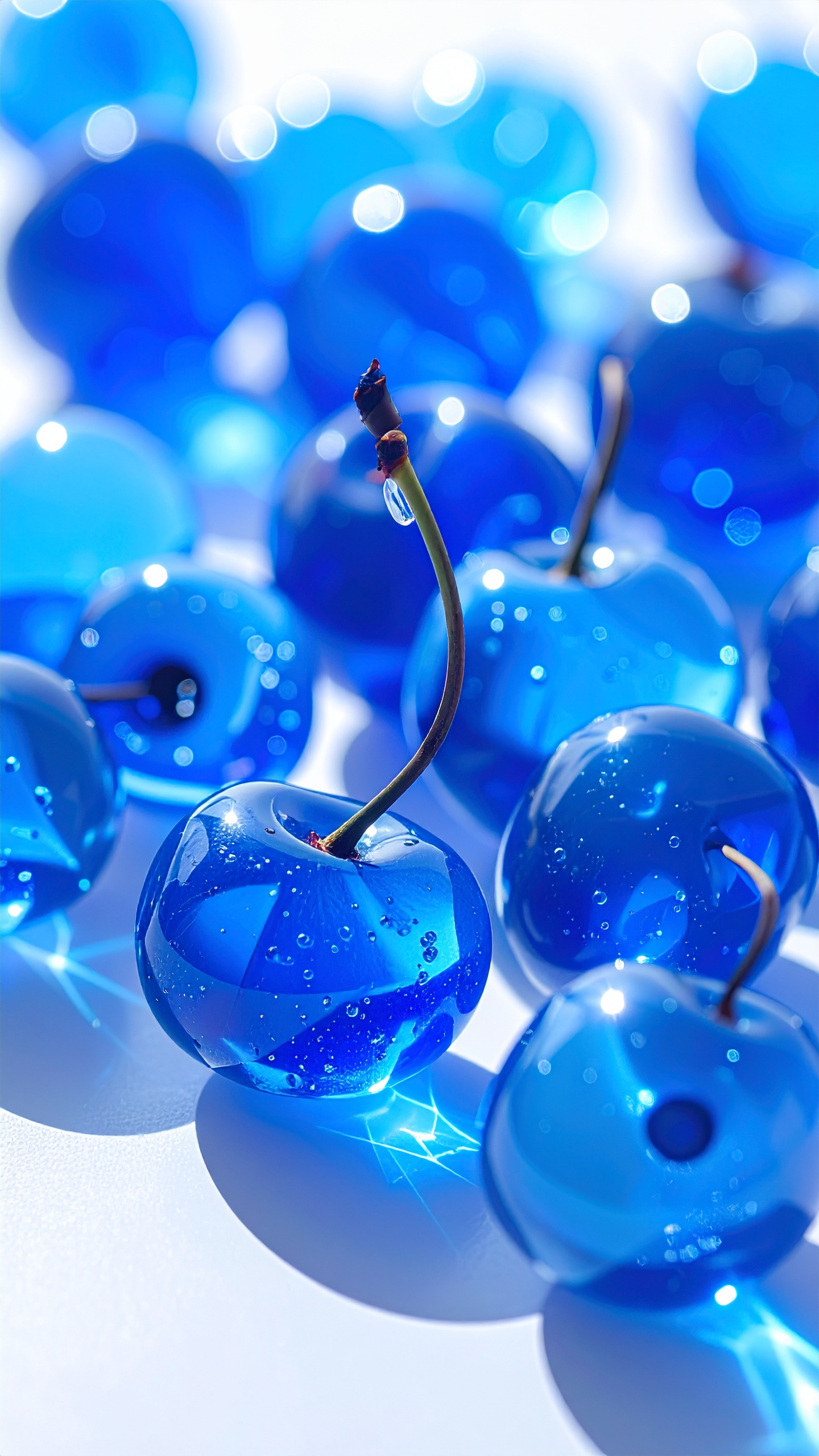 鮮やかな青い実。水滴が光る幻想的な風景。