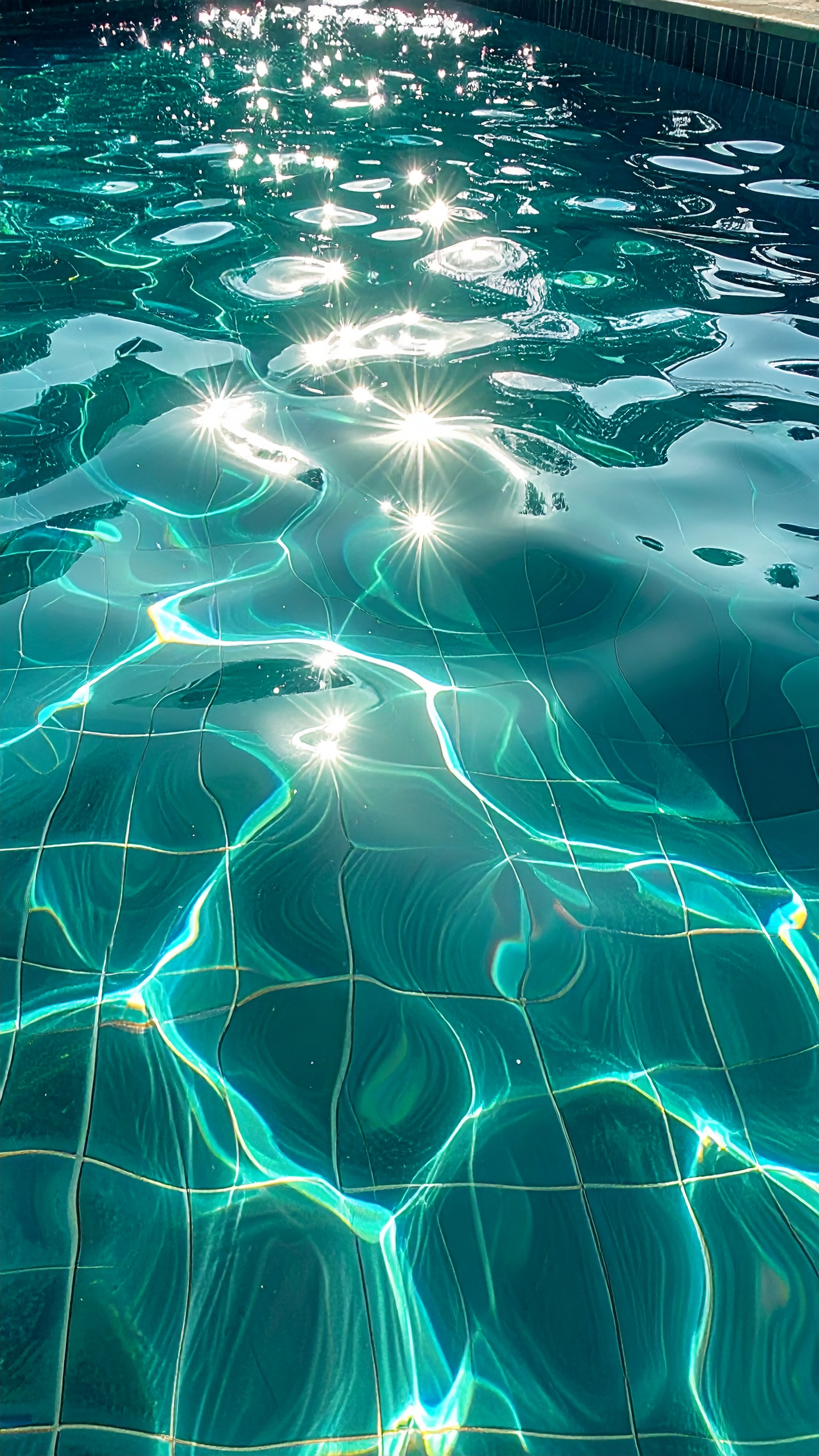 太陽の光が反射し、水面がきらきらと輝くプール。