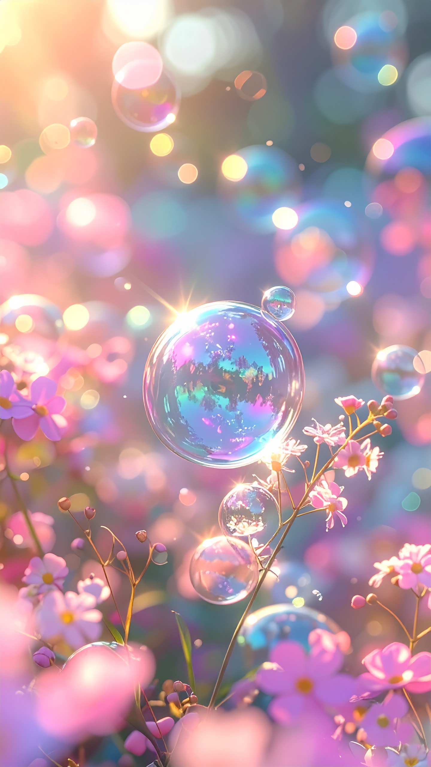 淡い光に包まれた花畑と虹色のシャボン玉。