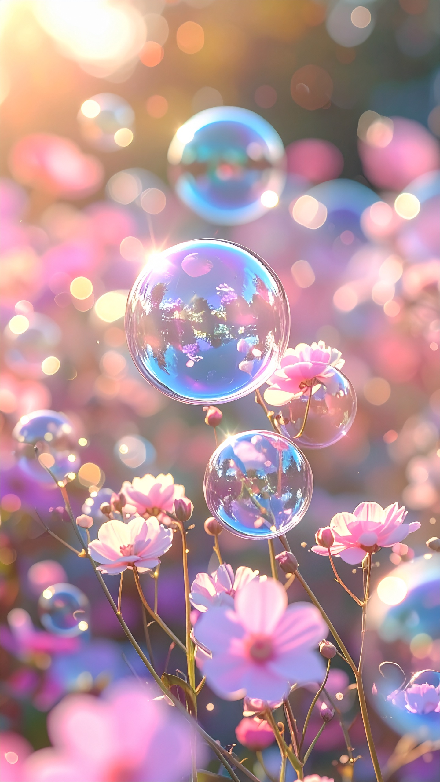 陽光にきらめくシャボン玉と可憐なピンクの花。