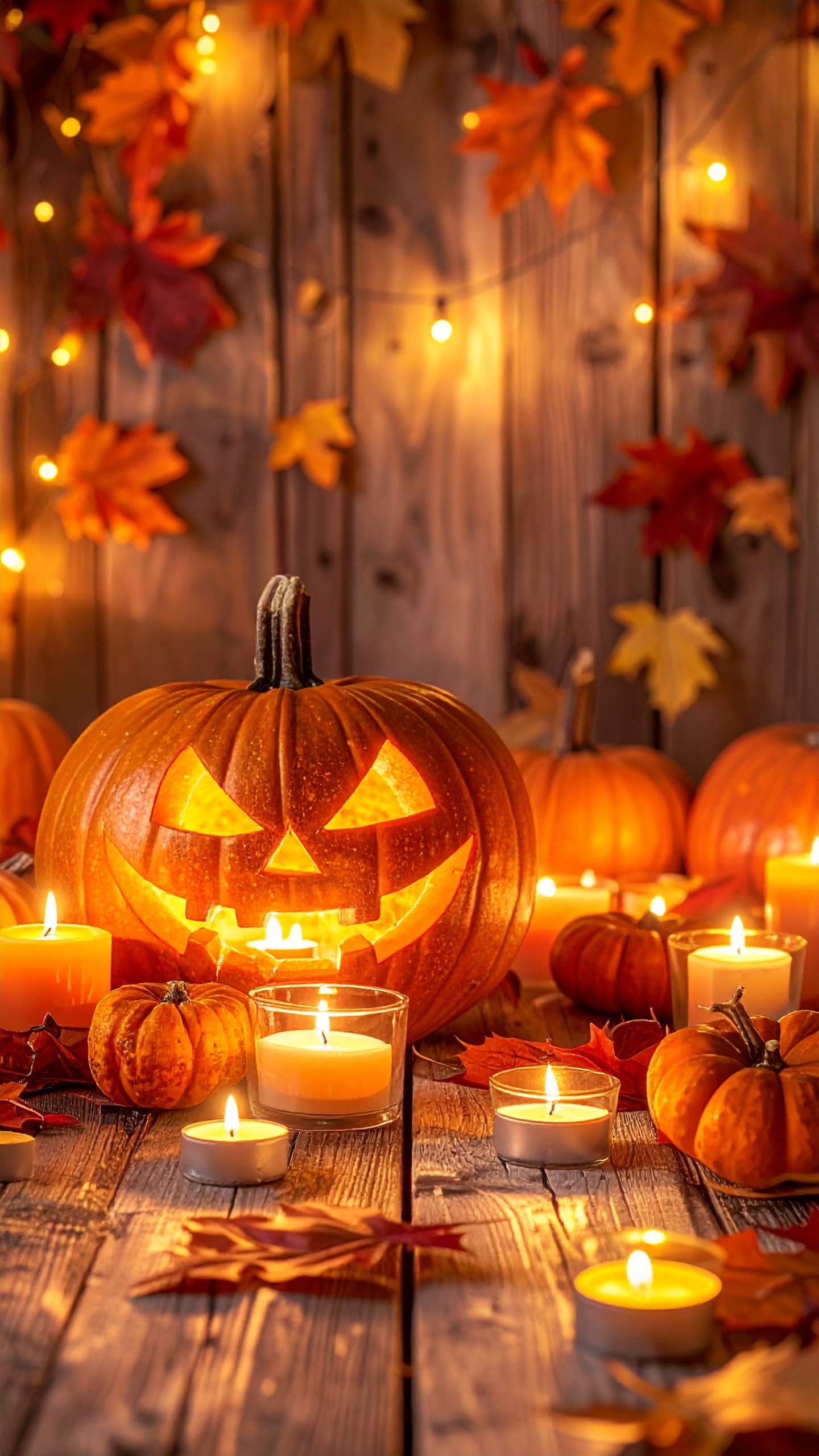 木製のテーブルの上で、ろうそくの光が幻想的に輝く、穏やかなハロウィンの夜。