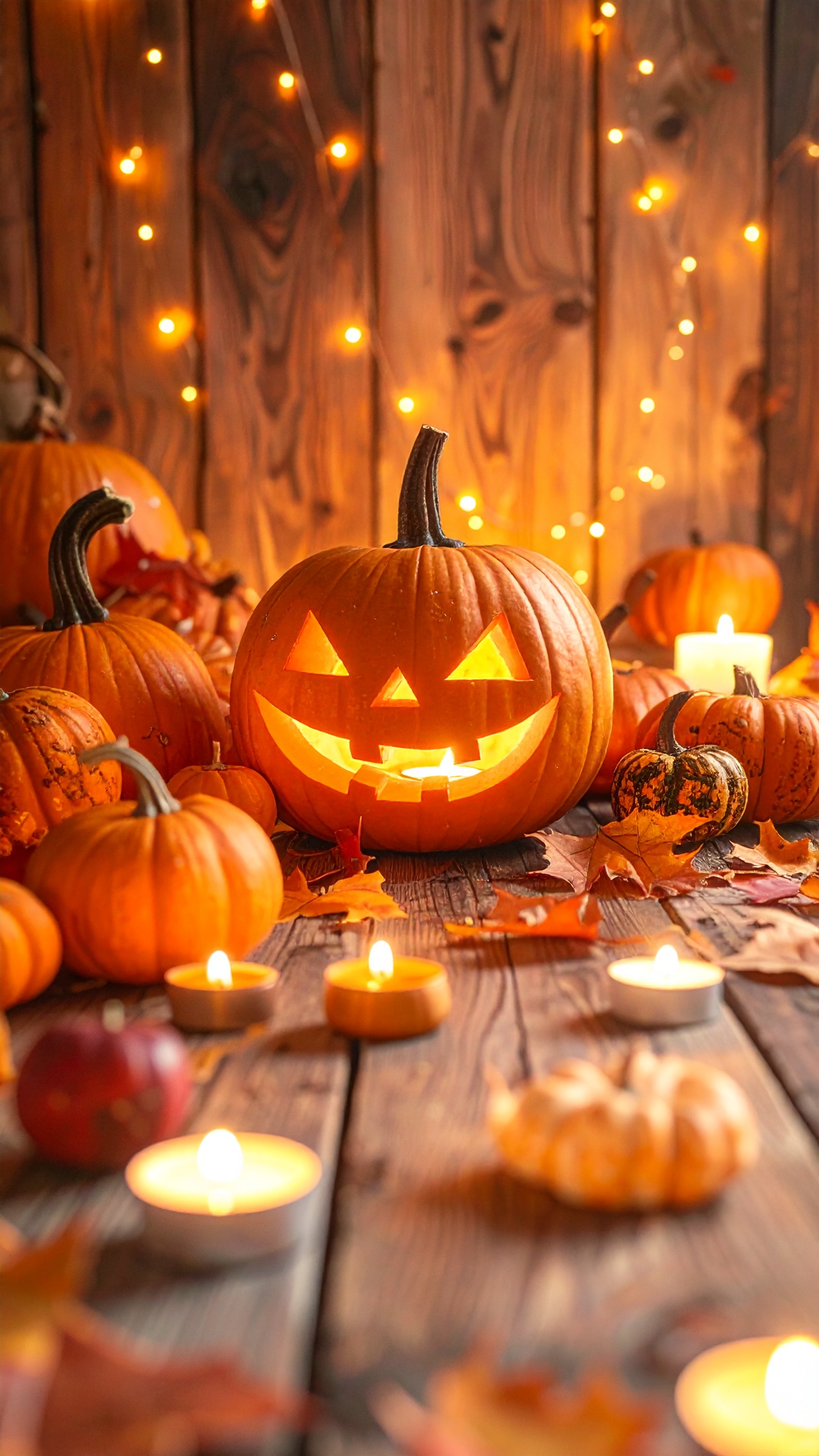 小さなキャンドルと様々なカボチャが並べられた、温かい光に包まれた秋の夜の風景。