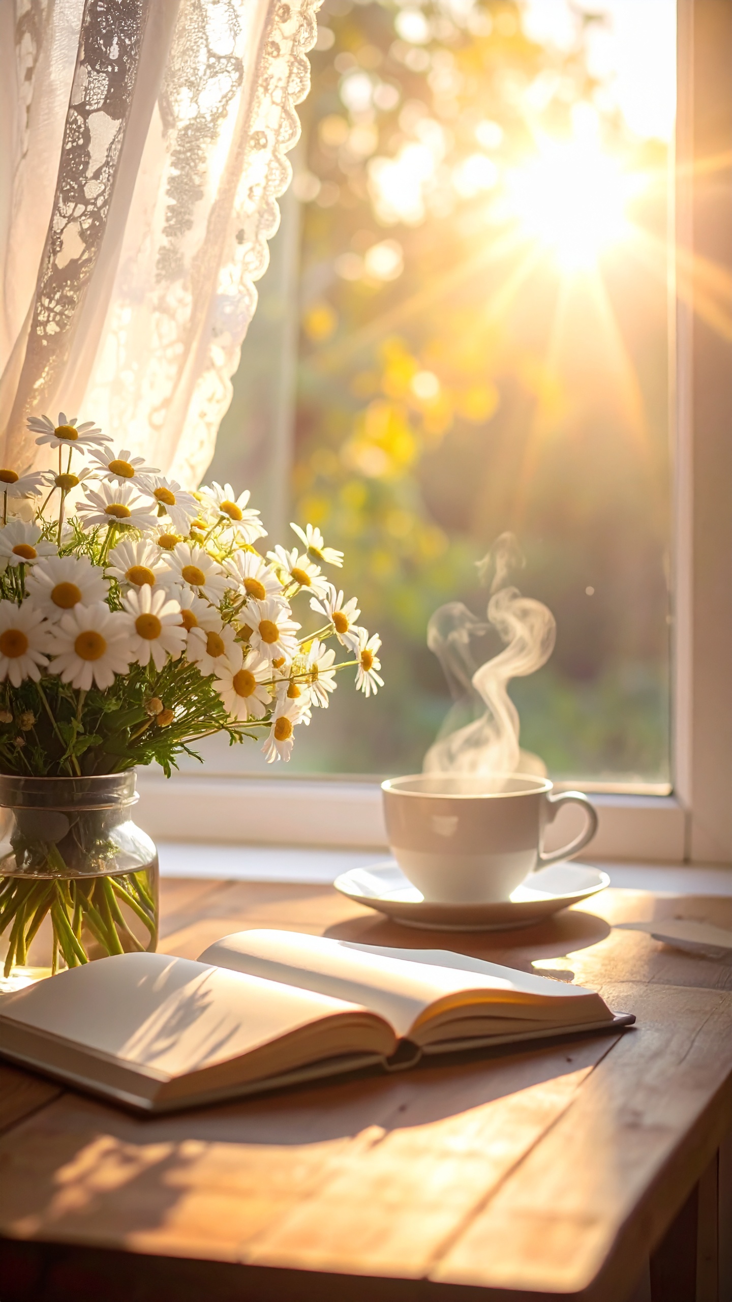 窓から差し込む光と、湯気の立つコーヒー。