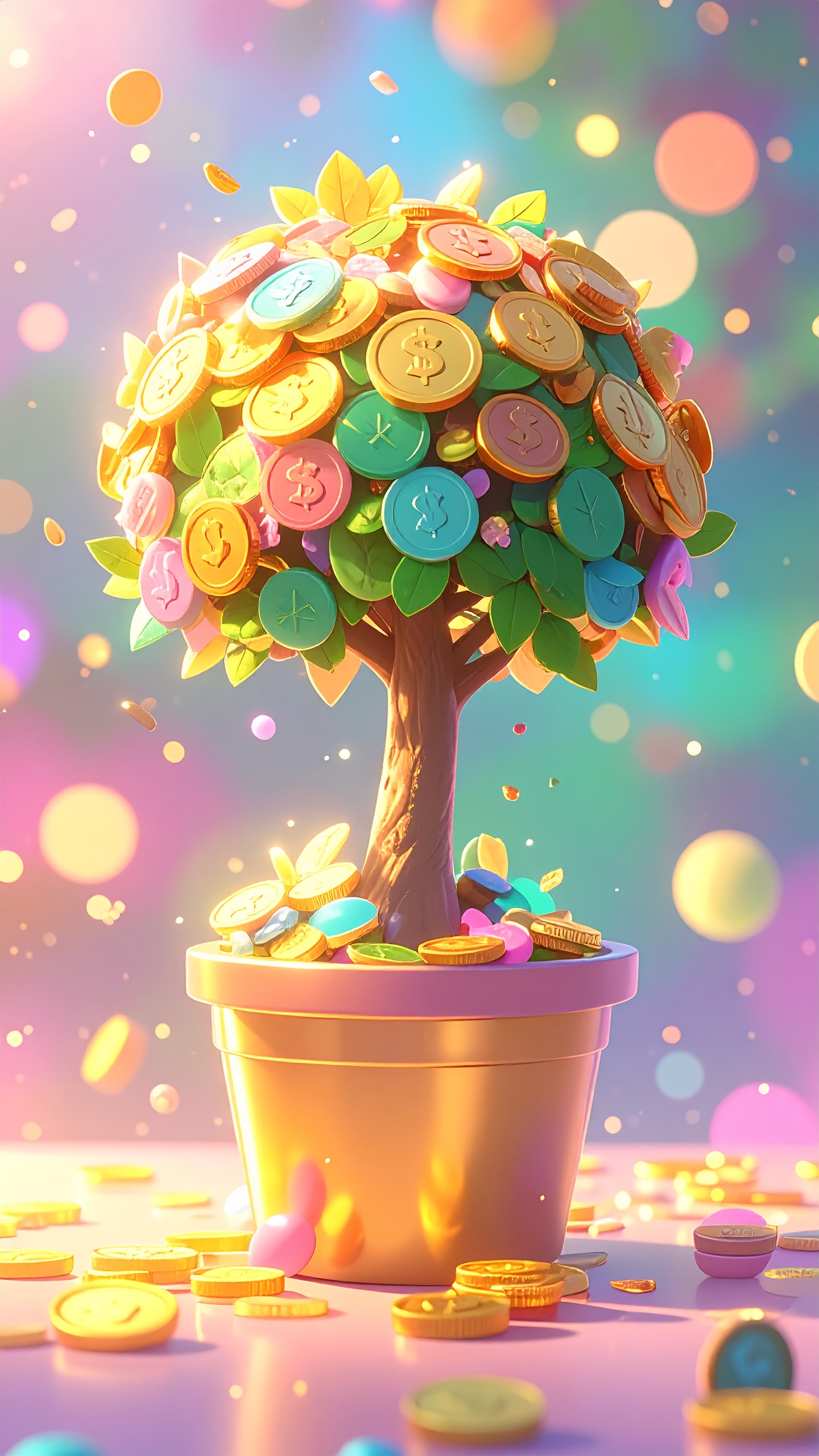 鮮やかなコインが実る、可愛らしい金運アップの木。