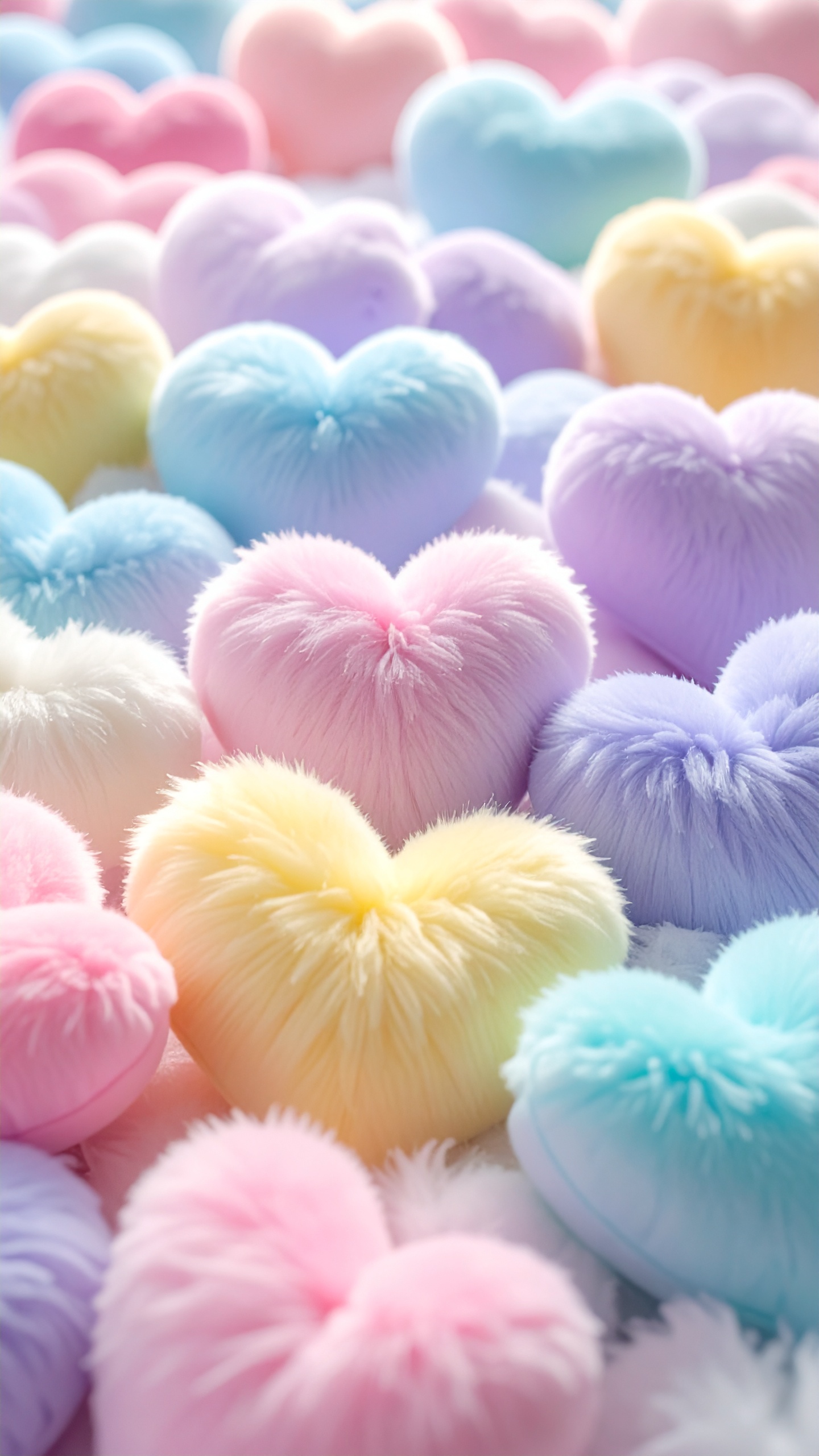 パステルカラーの綿毛のようなハートがいっぱい。