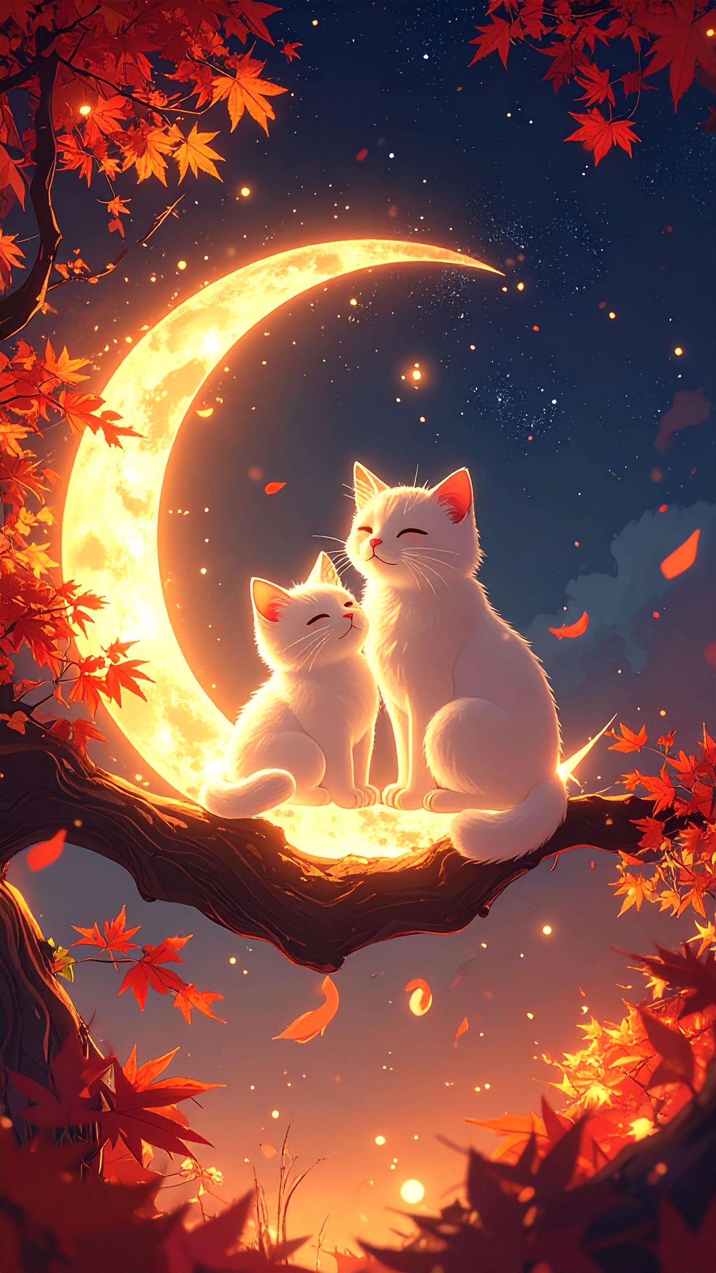 オレンジ色に輝く三日月の上に、仲良く座り見つめ合う二匹の白い猫のファンタジー。