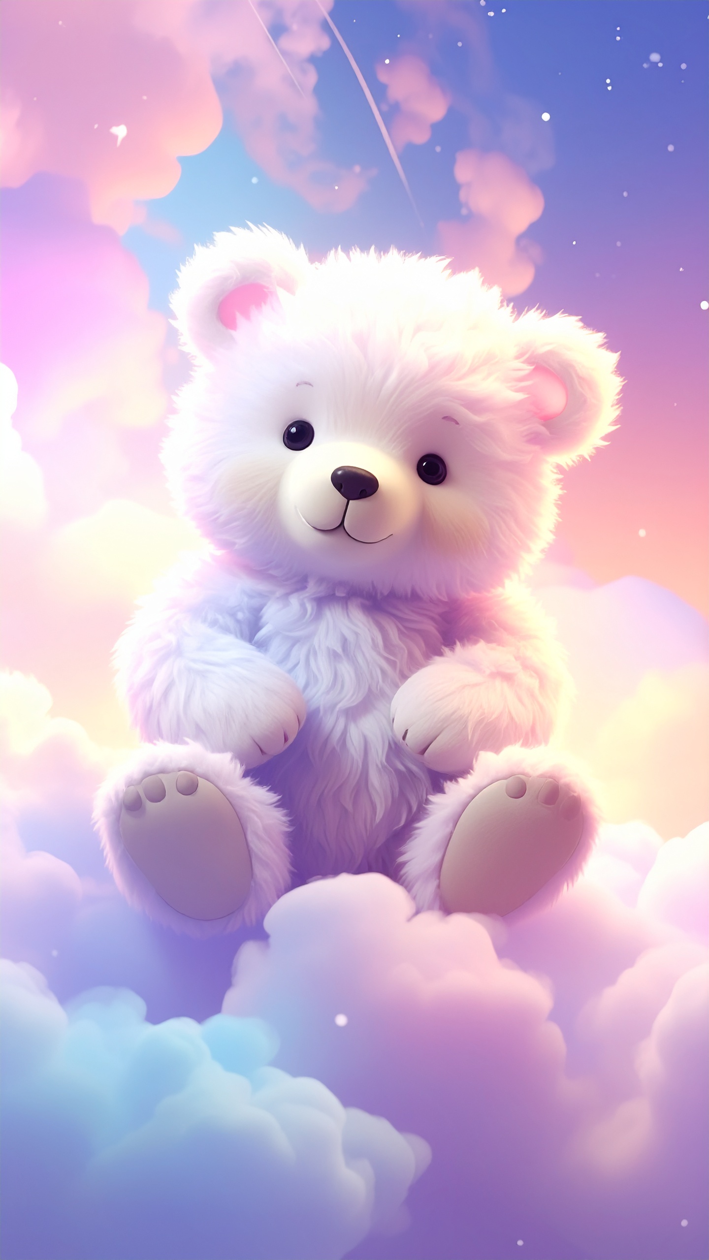 パステルカラーの幻想的な空と雲の中で、愛らしい姿を見せる白いクマのぬいぐるみ。