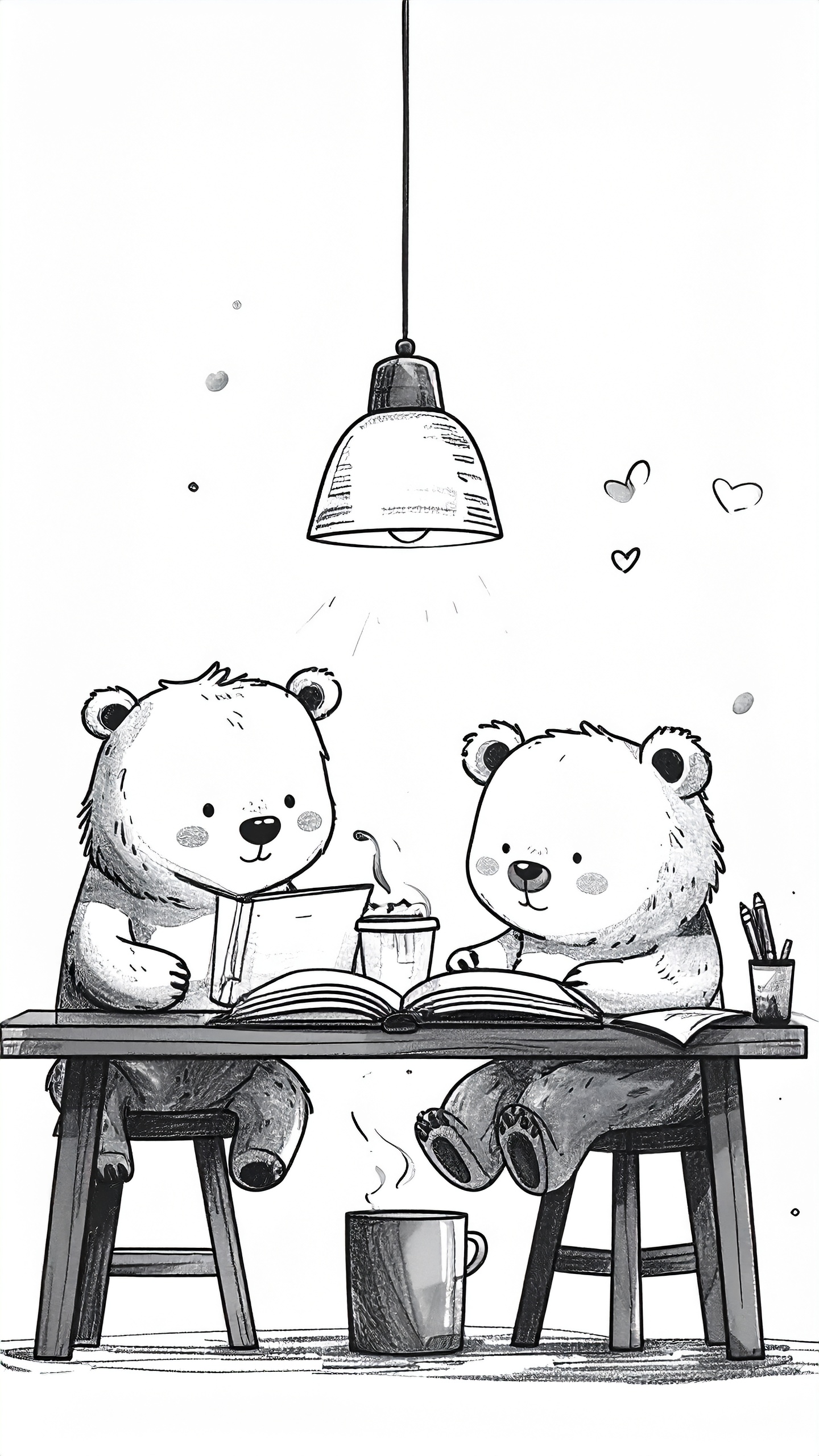 二匹のくまがテーブルに向かい合い、心温まるひとときを過ごしているスケッチ風イラスト。