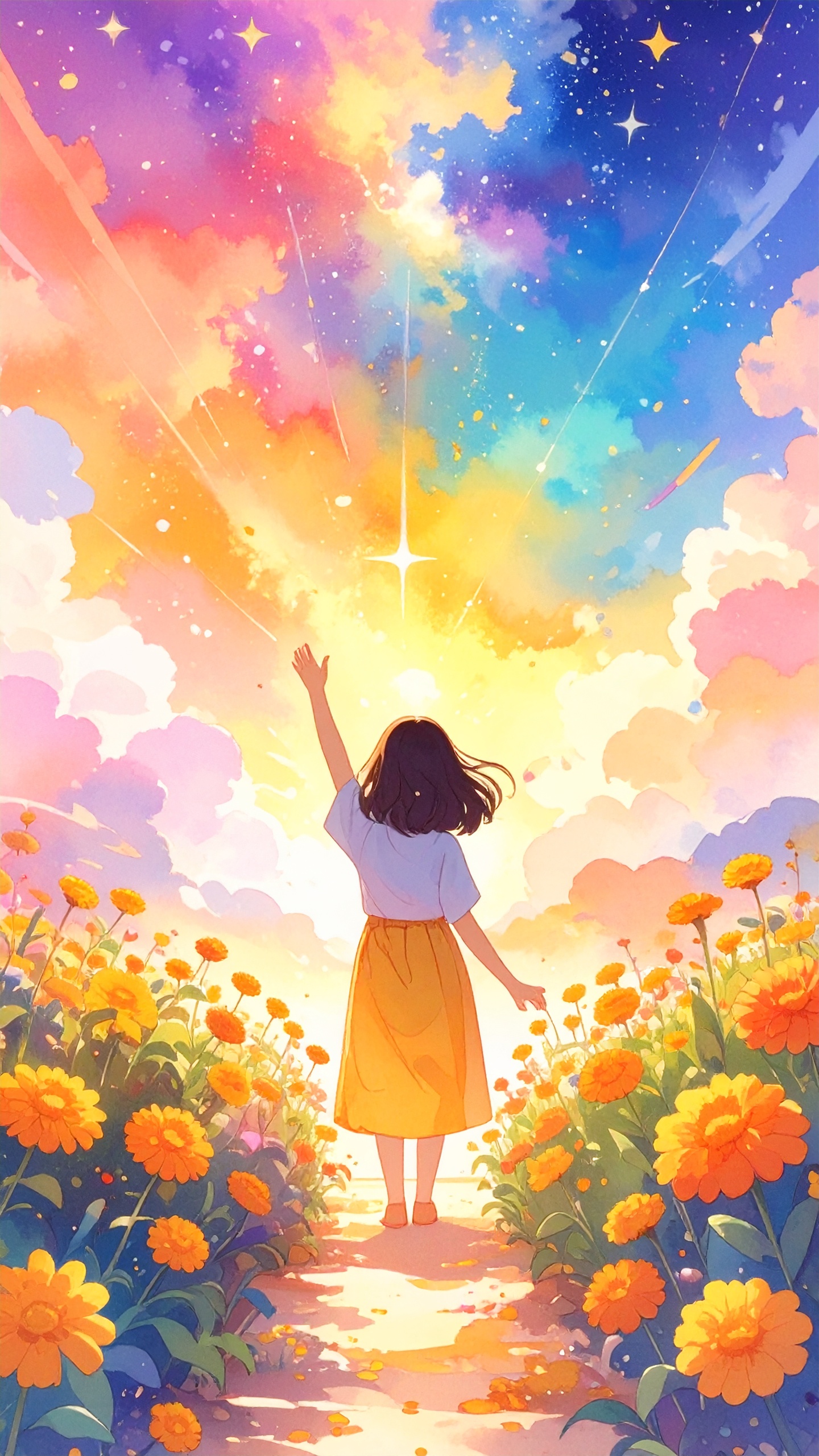 オレンジ色の花畑の真ん中で、虹色に輝く空へ向かって手を伸ばす少女の後ろ姿。