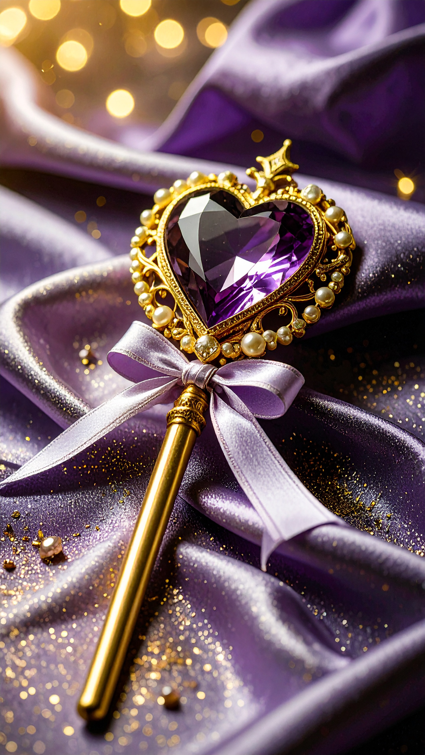 ドレープの美しい紫のサテンの上に置かれた、リボン結びが愛らしい黄金のワンド。