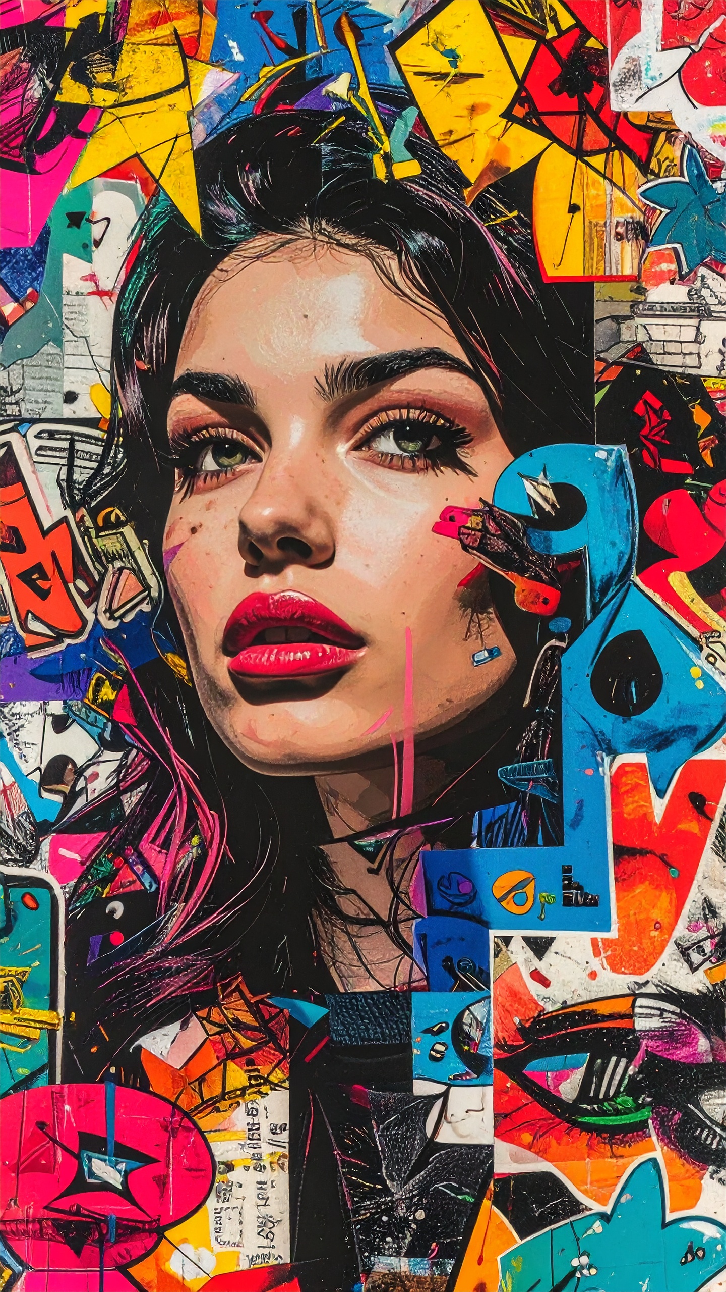 ポスター、落書き、幾何学模様が複雑に絡み合った、エネルギーあふれるデジタルアート。