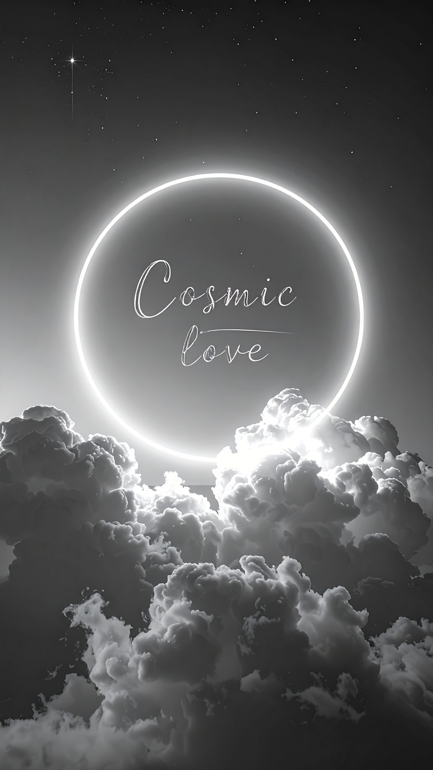 星空の下、発光する円形の光が神秘的な雰囲気を醸し出すモノクロームの画像。