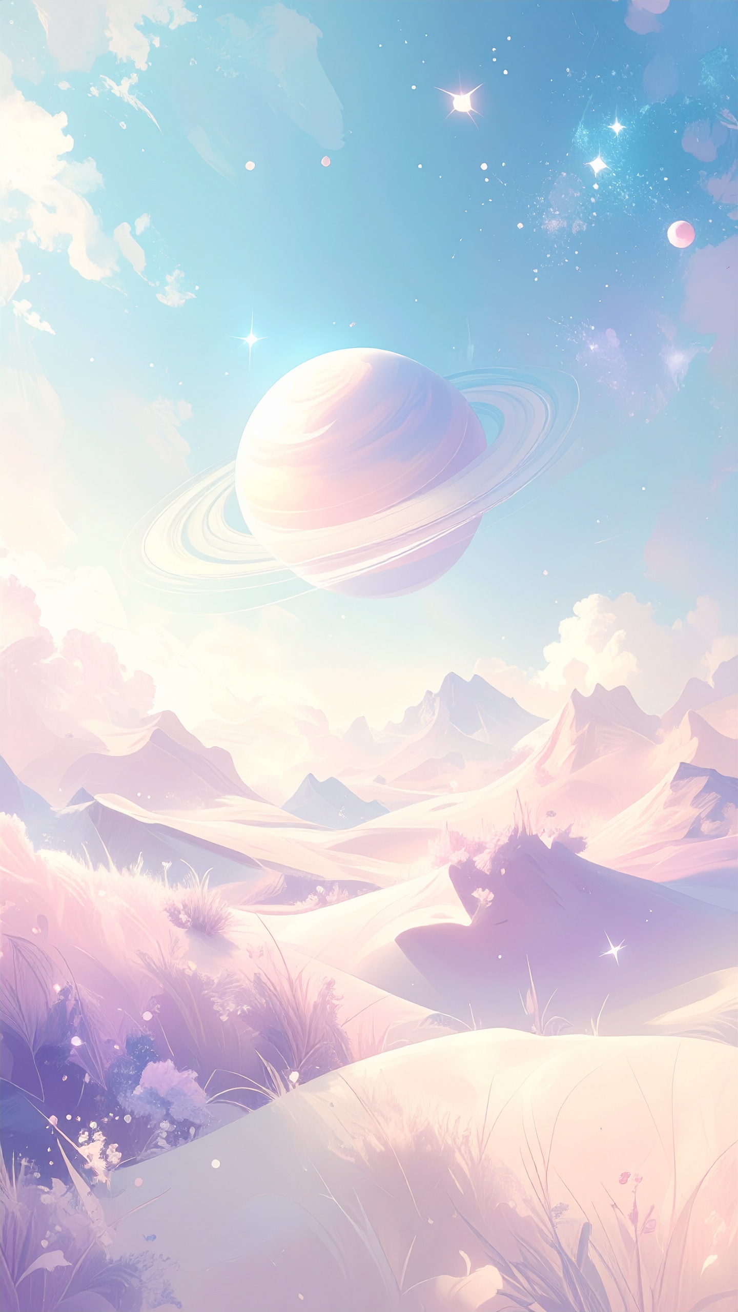 パステルカラーの空と山脈が広がる異星の風景に、巨大な環状惑星が浮かぶ幻想的なイラスト。