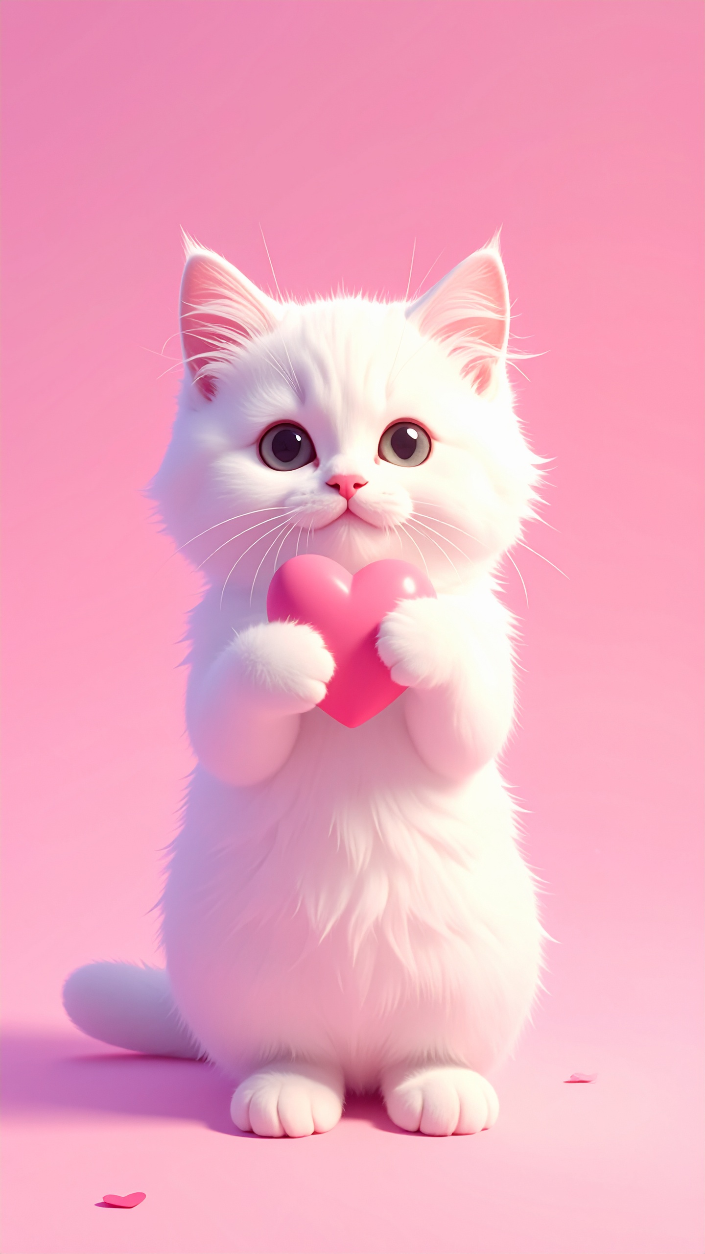 ふわふわの白い毛並みが愛らしい子猫が、小さなピンクのハートを抱きしめている写真。