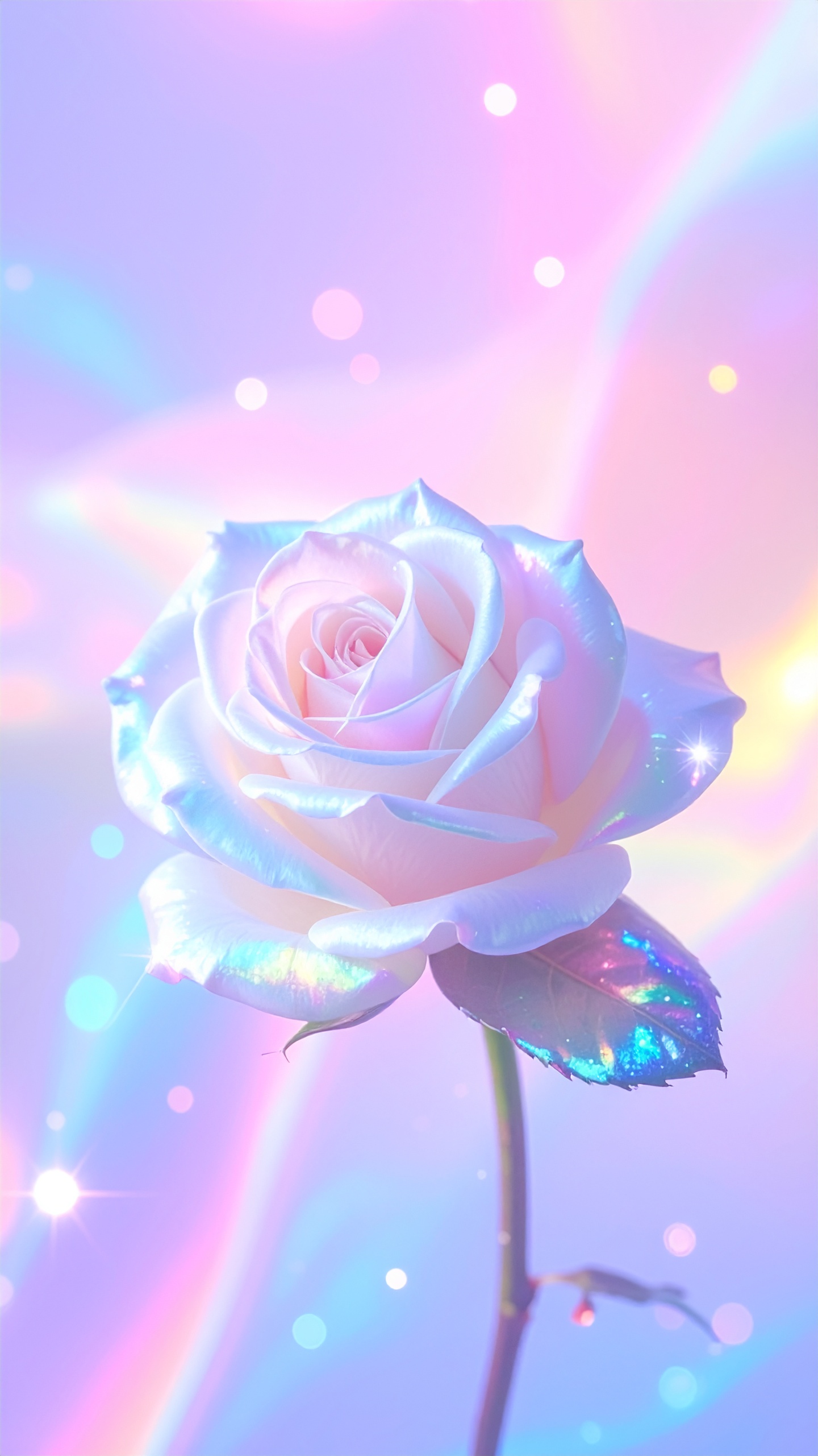 パステルピンクと白のバラが、オーロラのような虹色の光の中で美しく輝く幻想的な一枚