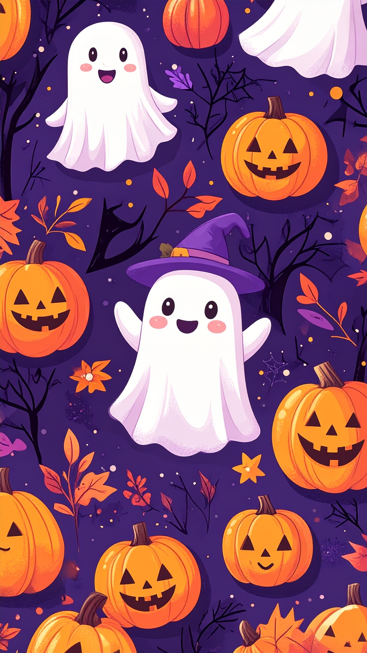暗い紫の背景にオレンジ色のジャック・オー・ランタンが映える、可愛いパターンデザイン。
