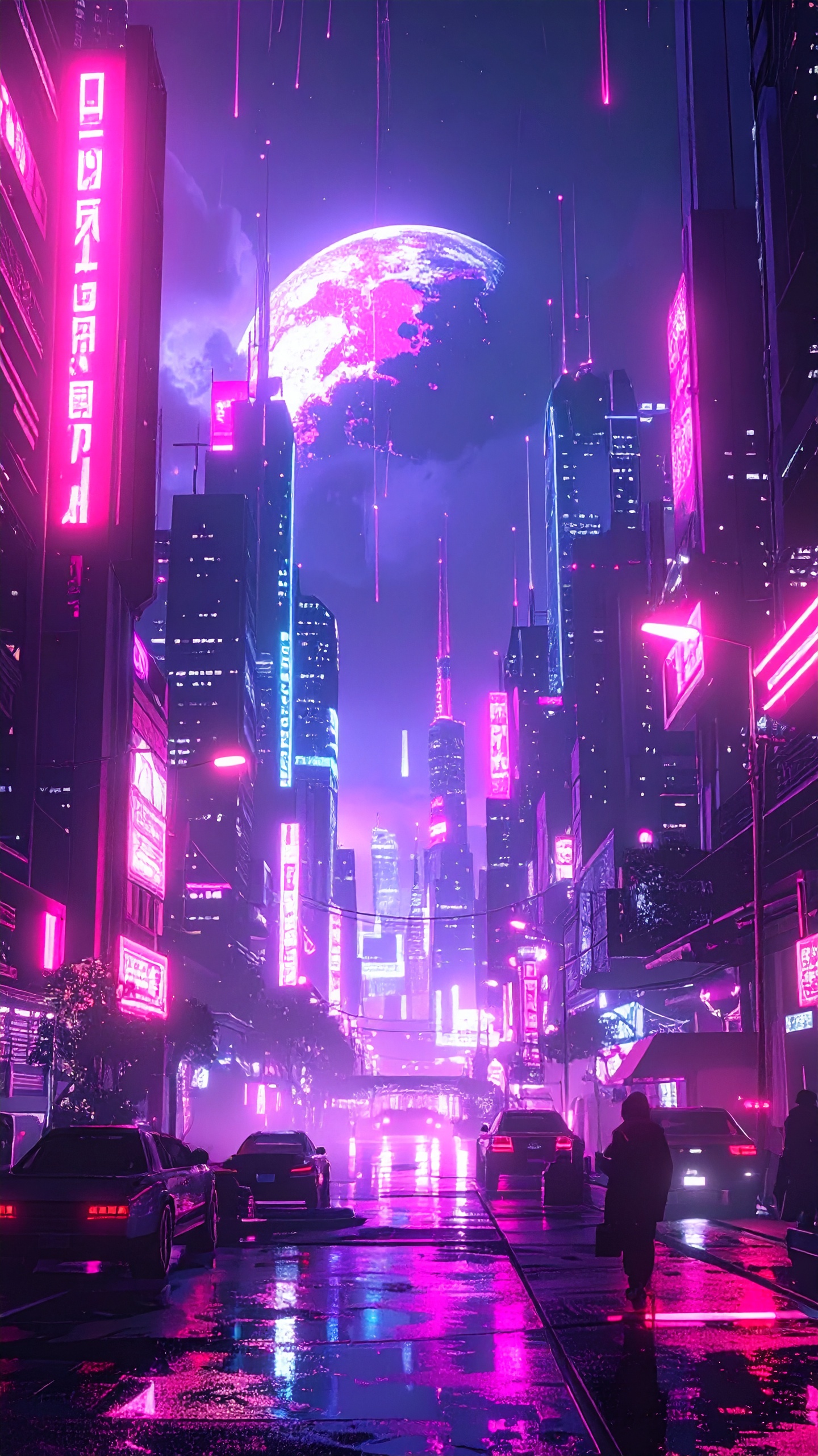 紫とピンクを基調とした鮮烈な色彩で描かれた、SF映画のような未来的な都市風景。