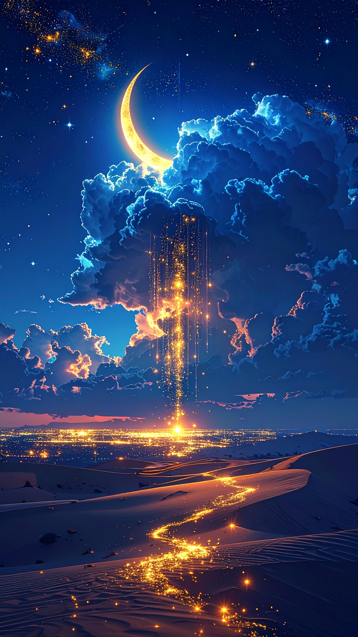 三日月と巨大な雲、砂漠を流れる光の川。