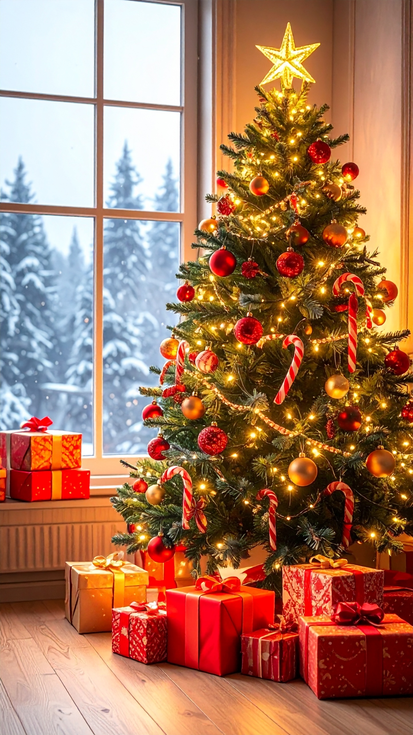 雪景色を背景に、プレゼントが並ぶツリー。