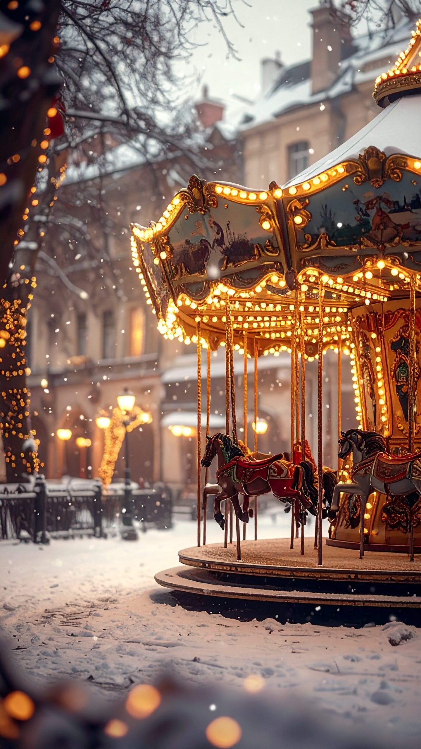 雪降る夜の遊園地、温かい光の回転木馬。