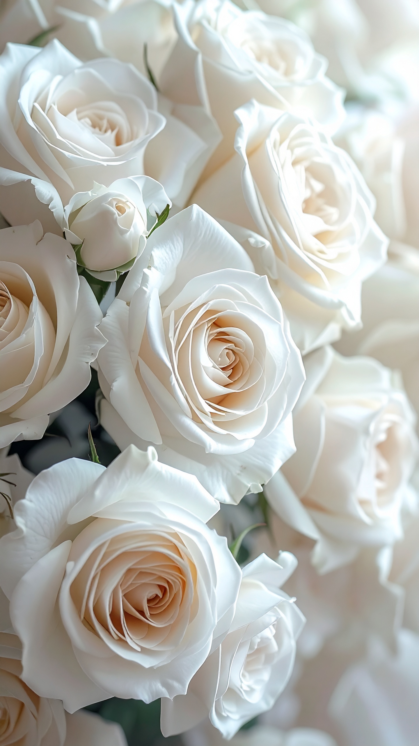 神聖な美しさ。幾重にも重なる白いバラの花束。