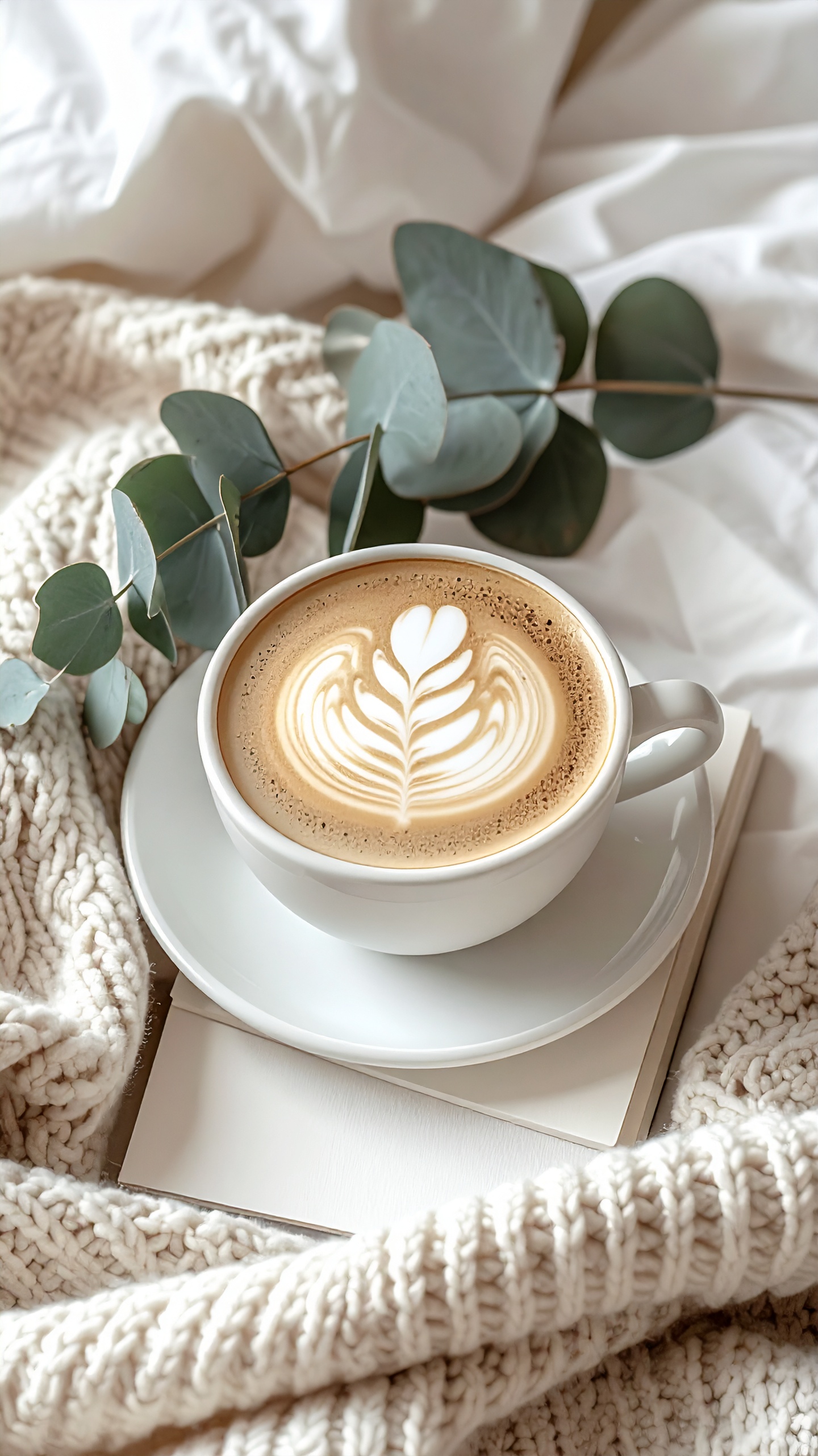 柔らかなニットとシーツの上で、朝のコーヒーブレイク。