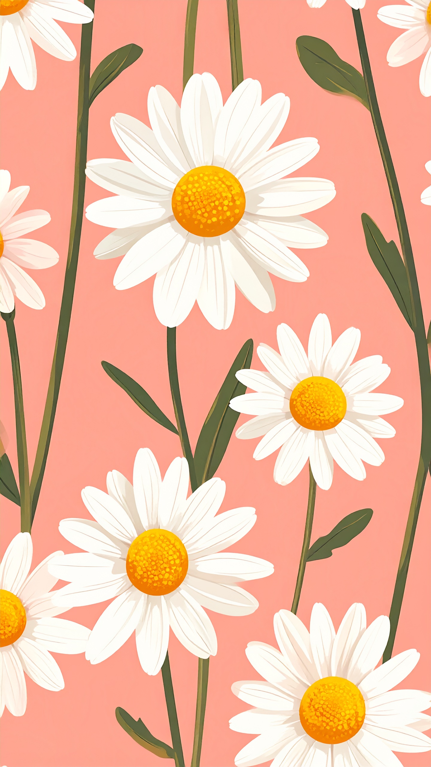 明るいコーラルピンクの背景に、白と黄色のデイジーが縦に配置されたポップなパターン。