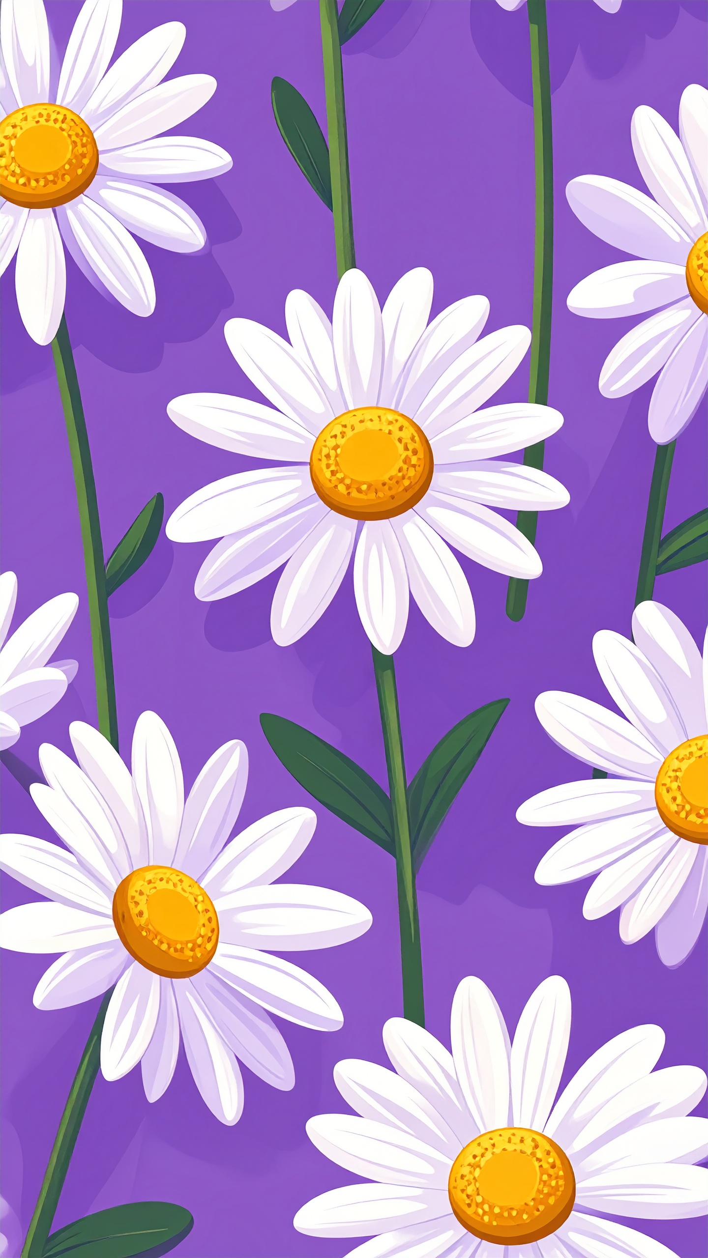 鮮やかな紫色を背景に、白と黄色のコントラストが美しいデイジーの花が並ぶパターン。
