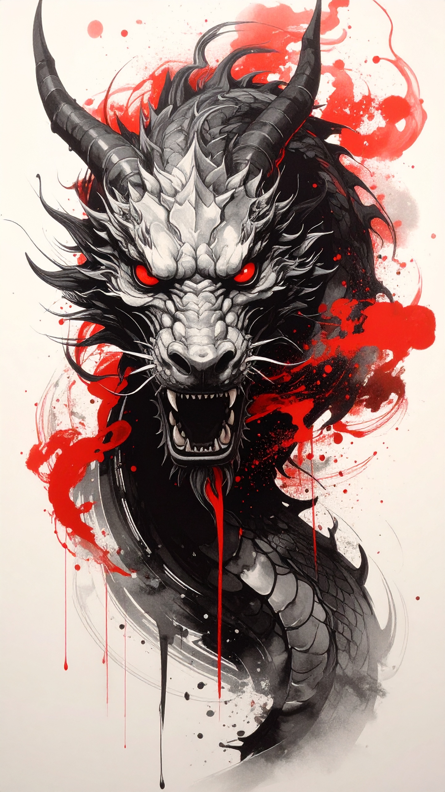 口を開き威嚇するような龍の顔と、飛び散る赤いインクがダイナミックな印象を与える。