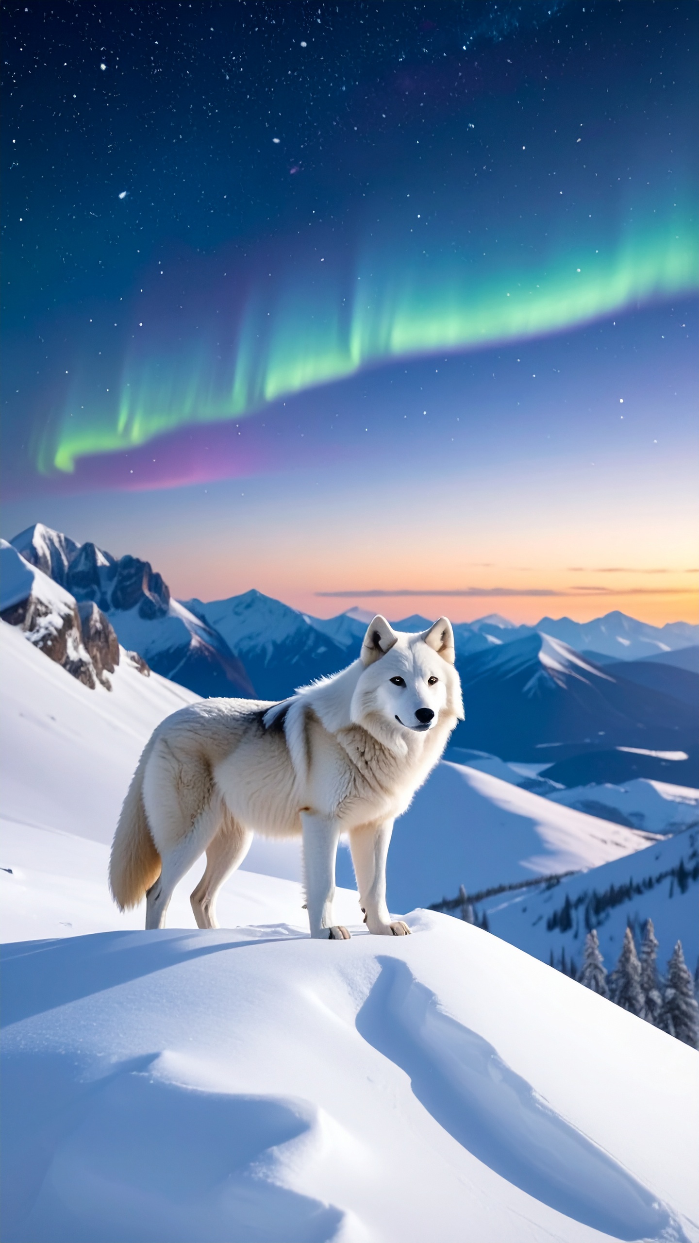 雪に覆われた山脈の上で、緑と紫のオーロラを背に立つ一匹の白い狼。