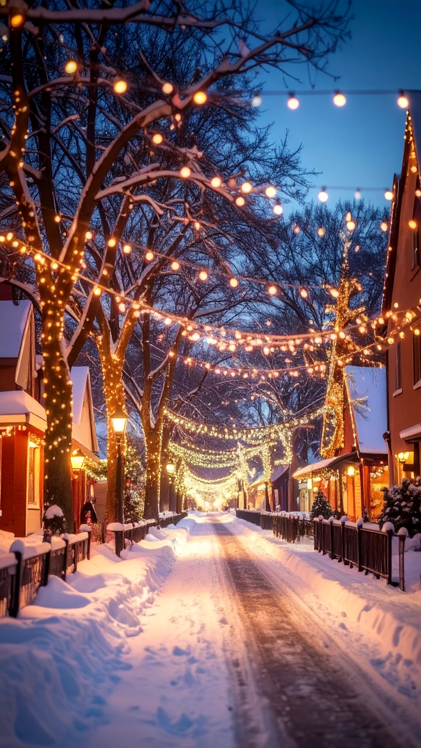 が積もった街路樹と道を、無数の温かい光のイルミネーションが彩る冬の夜景。