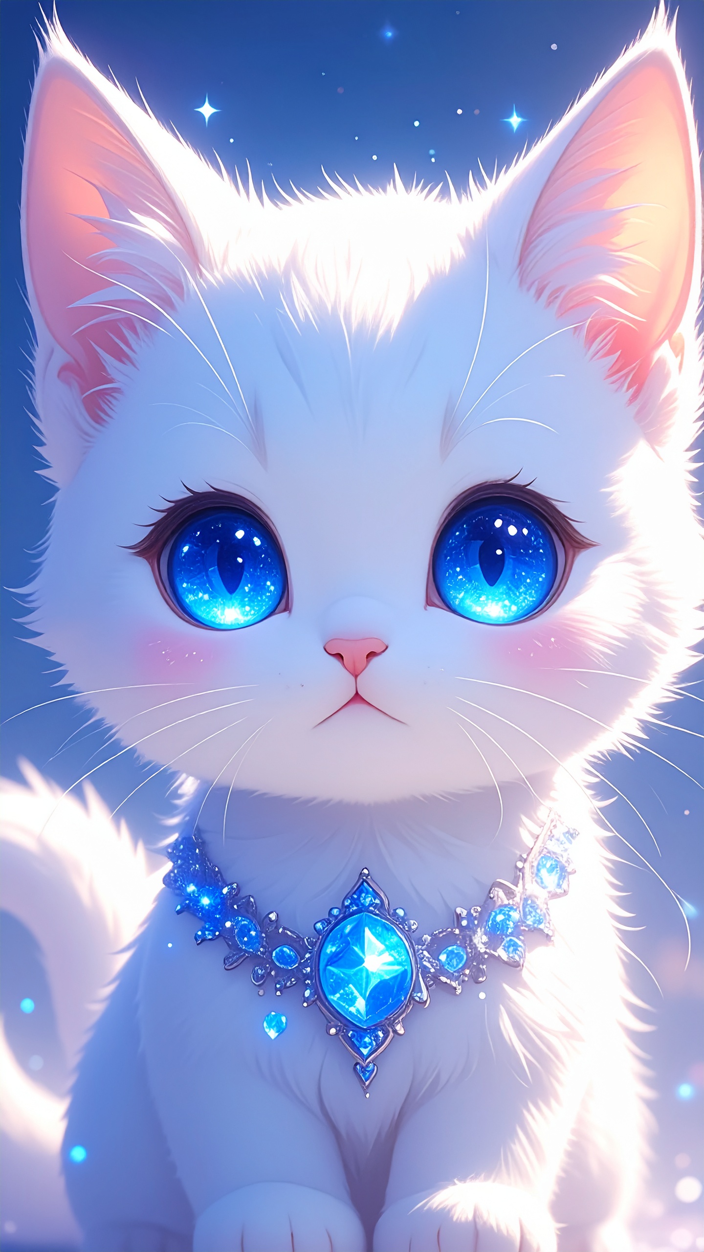 キラキラ輝く青い瞳と豪華な宝石のネックレス。