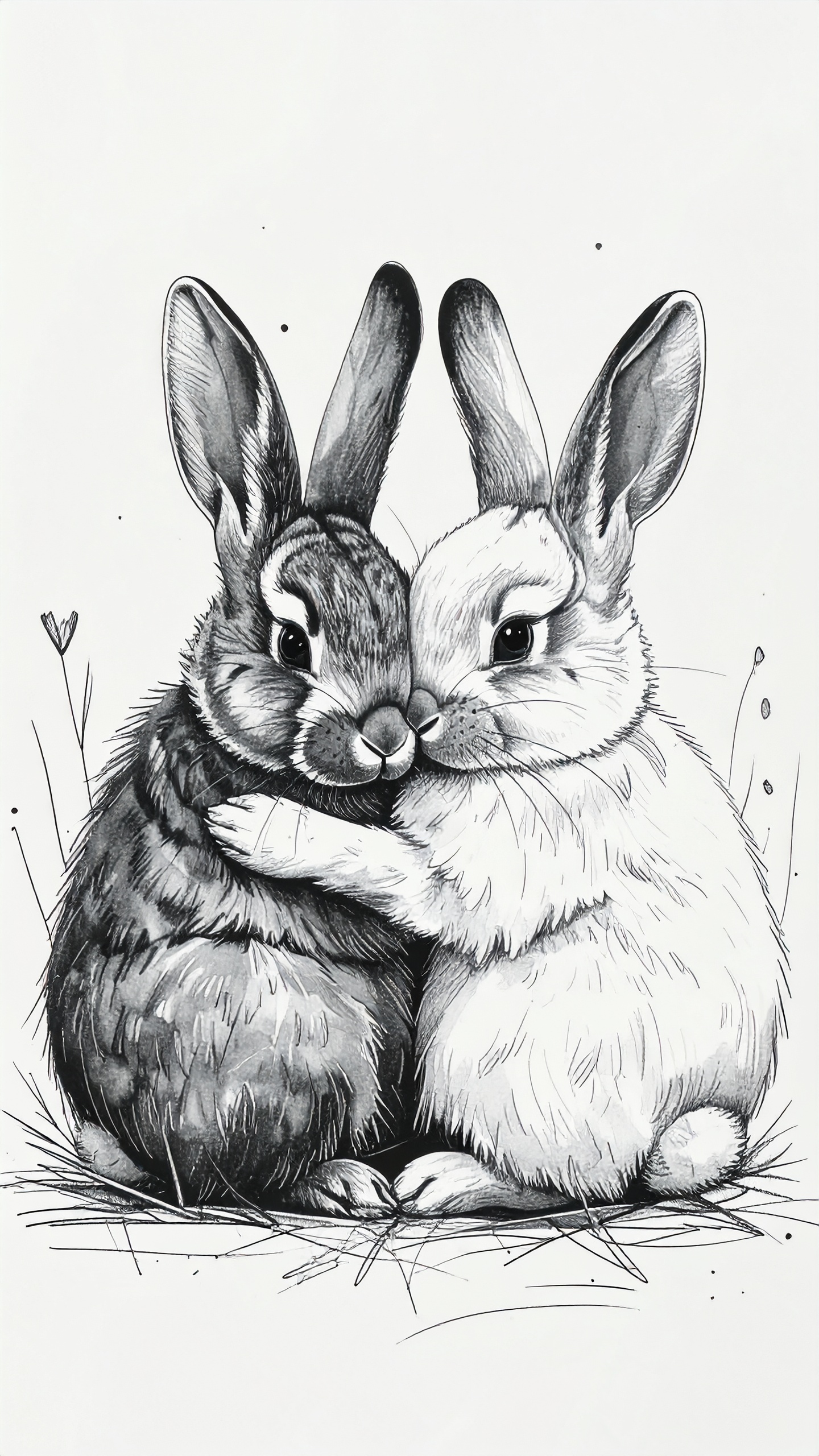 白と黒のウサギが優しく抱きしめ合う仲睦まじい様子が伝わるモノクロームのスケッチ。