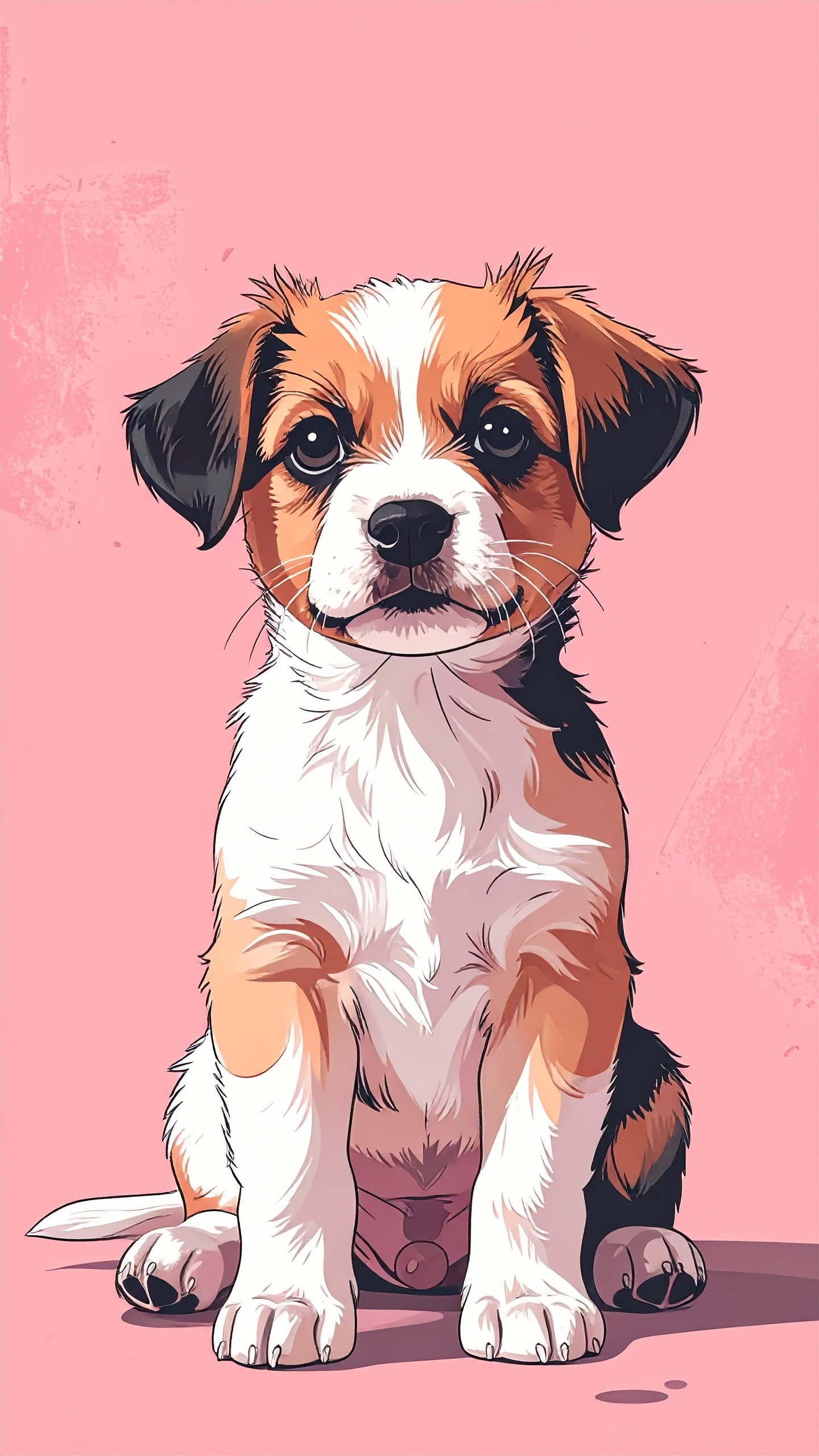 茶色と白の毛並みが特徴的な仔犬を、シンプルかつポップな色彩で描いたアート作品。