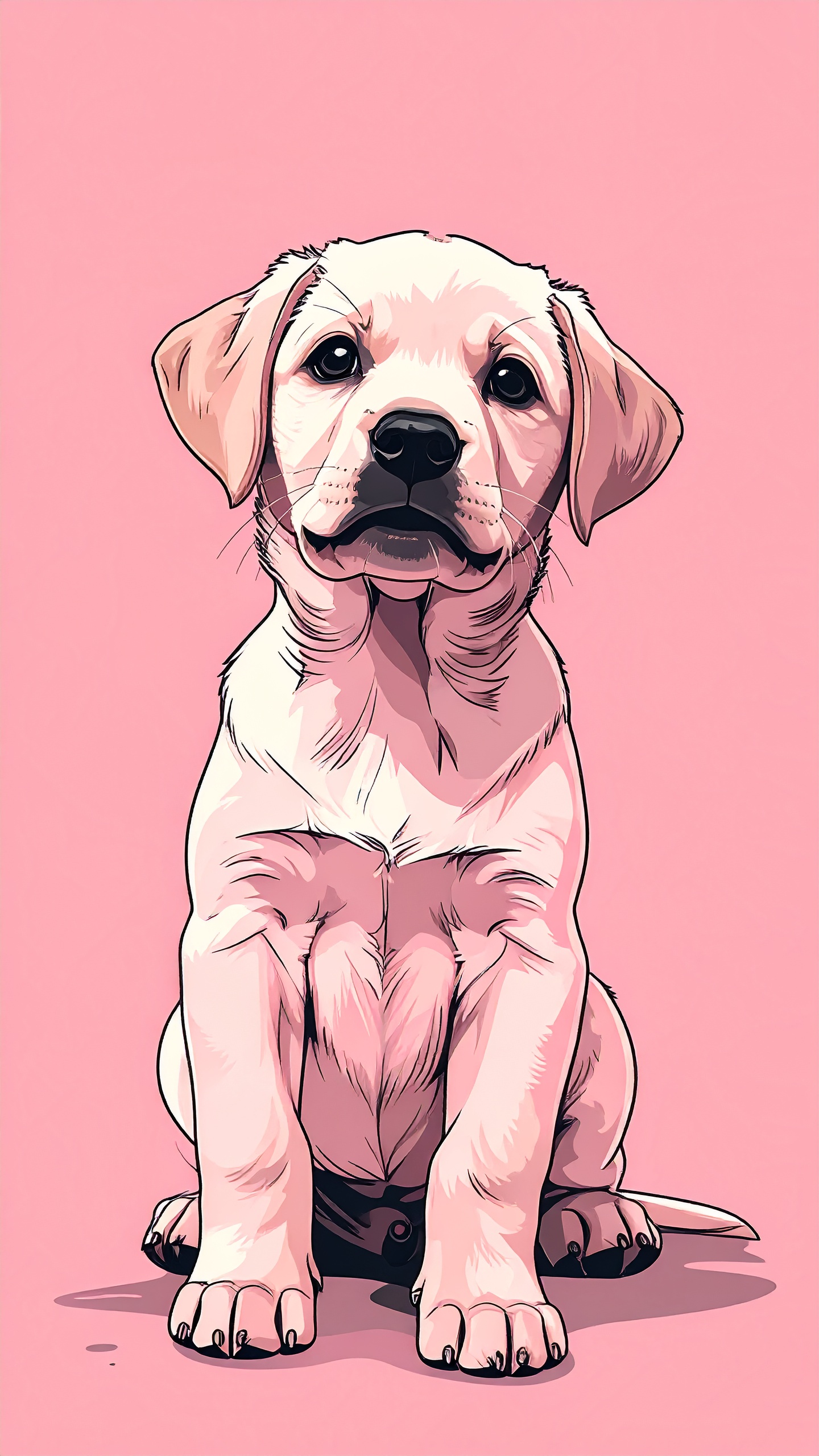 淡いピンクの背景に座り、真剣な眼差しを向ける子犬のラブラドール・レトリバー。