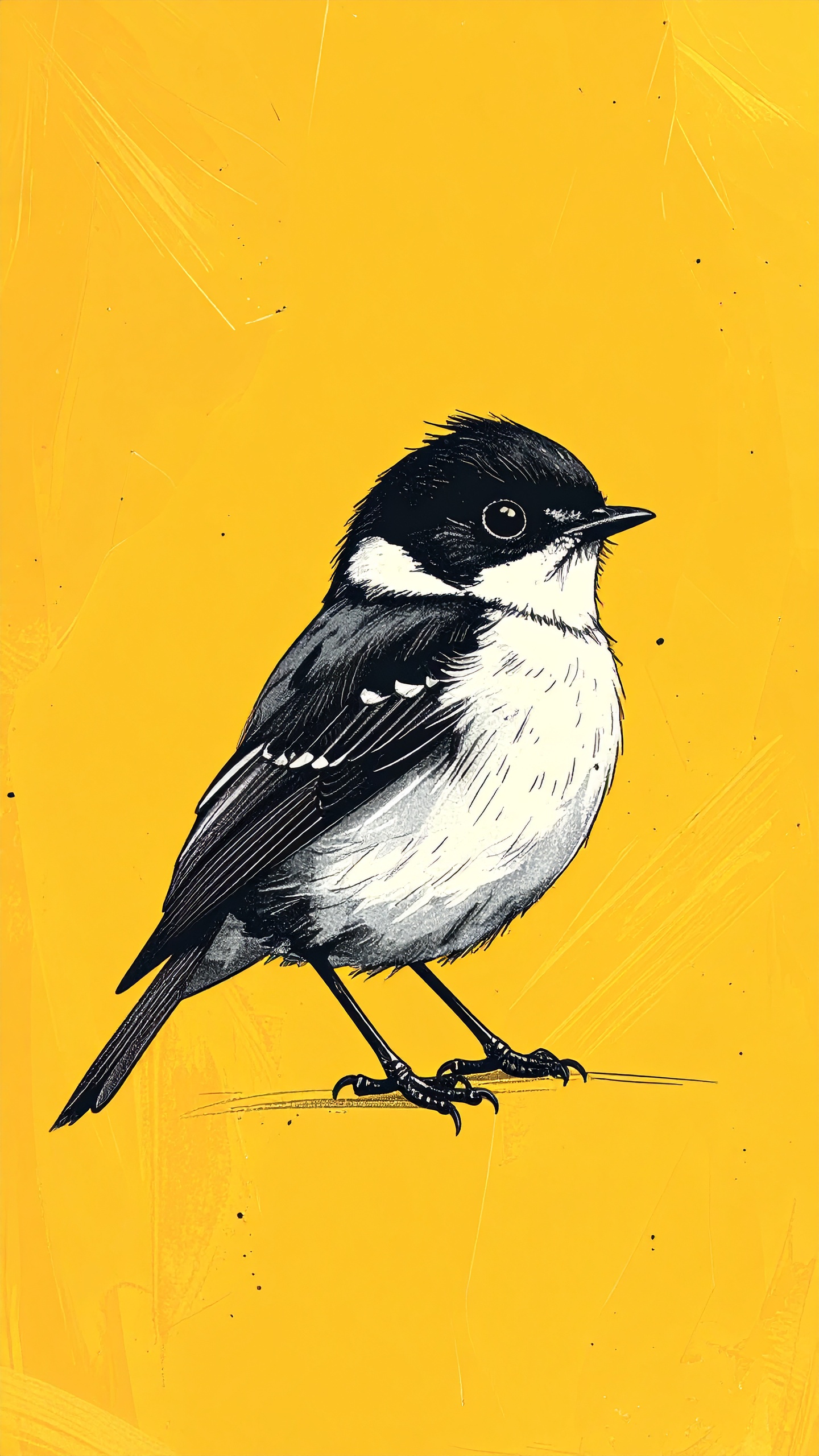 鮮やかな黄色の背景に、黒と白のモノクロームで描かれた可愛らしい小鳥のイラスト。