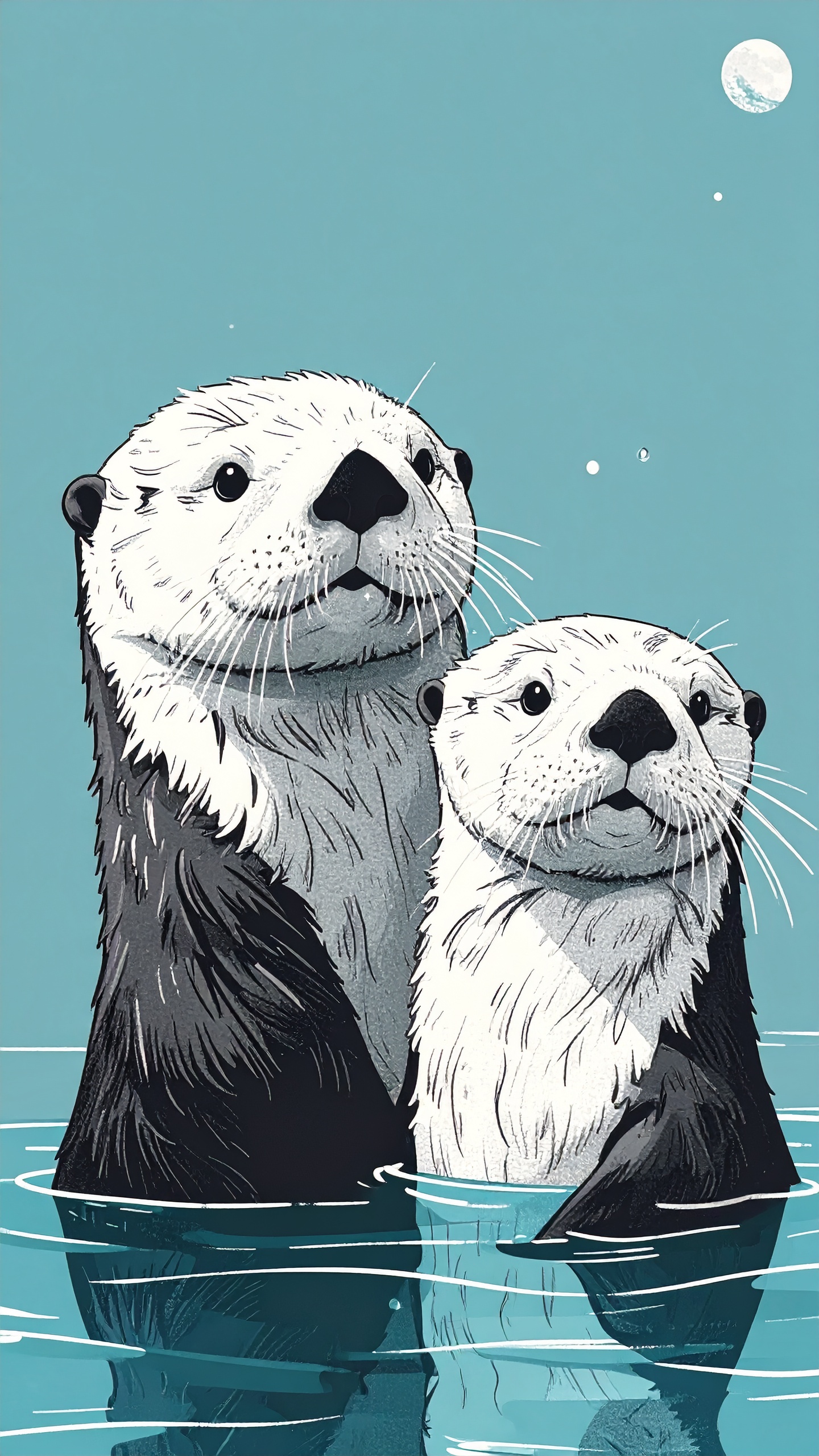 水面に顔を出し、上を見上げる二匹のラッコのイラストレーション。
