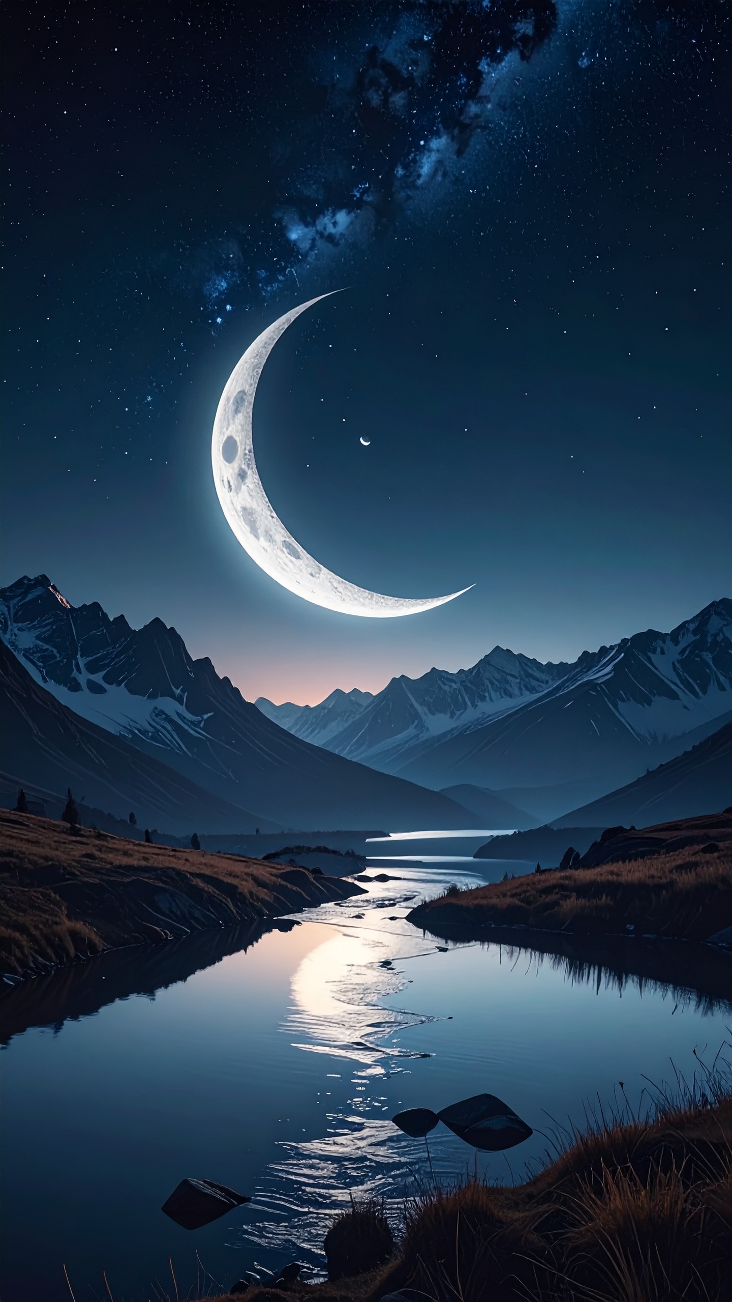 雪山に囲まれた谷間に、巨大な三日月が浮かび、その光が川面に映る神秘的な光景。