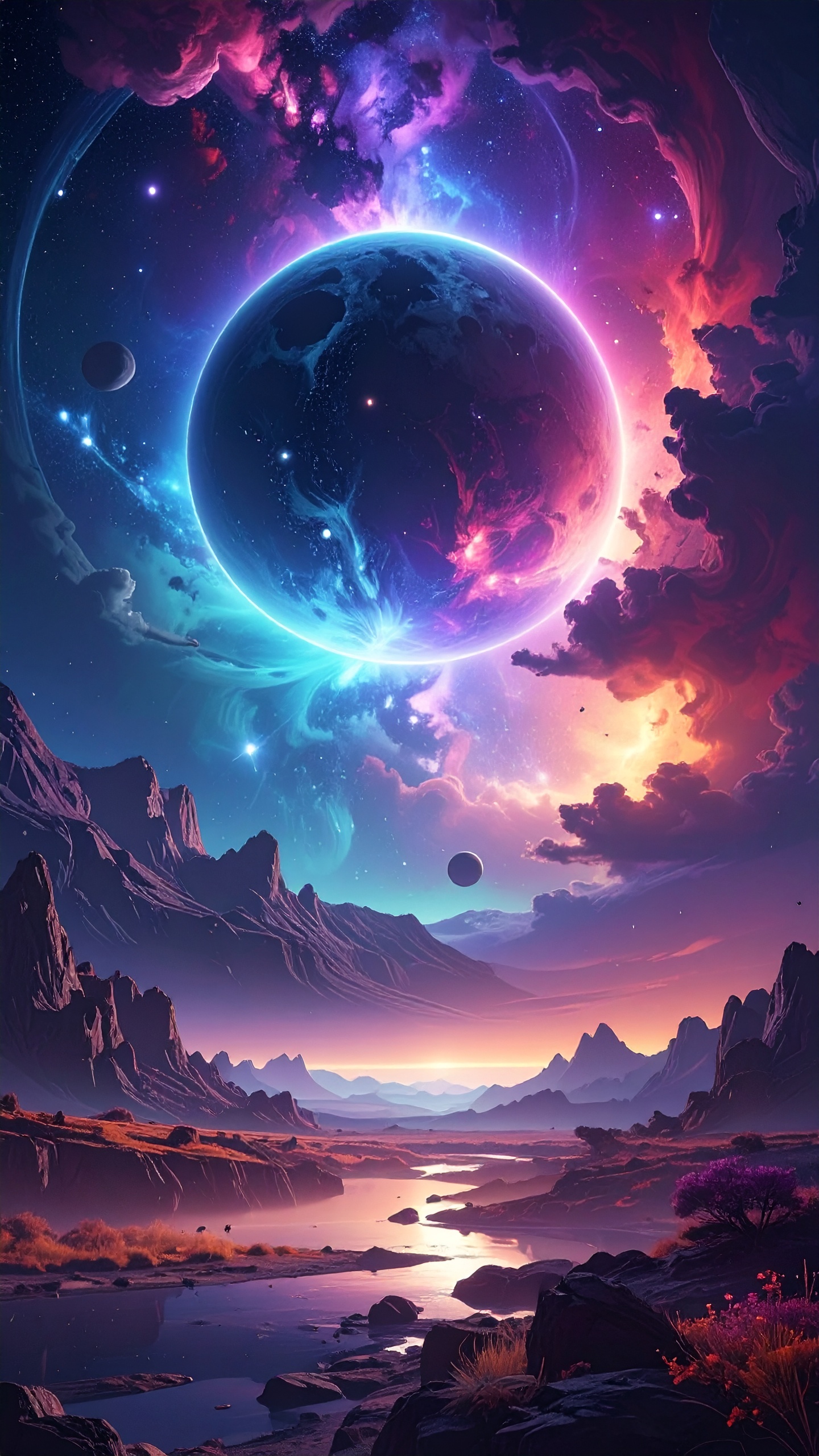 オーロラや星雲のような美しい光が、空と水面を照らし出す神秘的な風景。