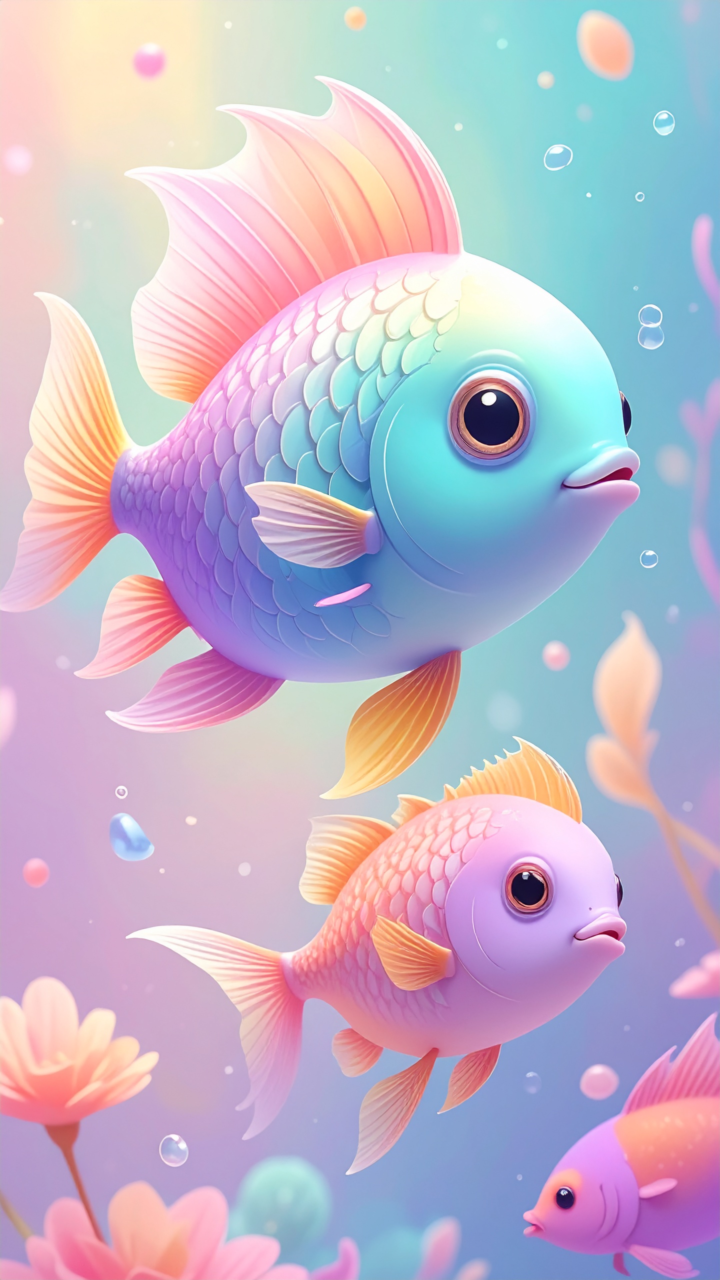 大きな目と愛らしい表情が魅力的な、メルヘンチックな雰囲気の魚たちの水中アート。