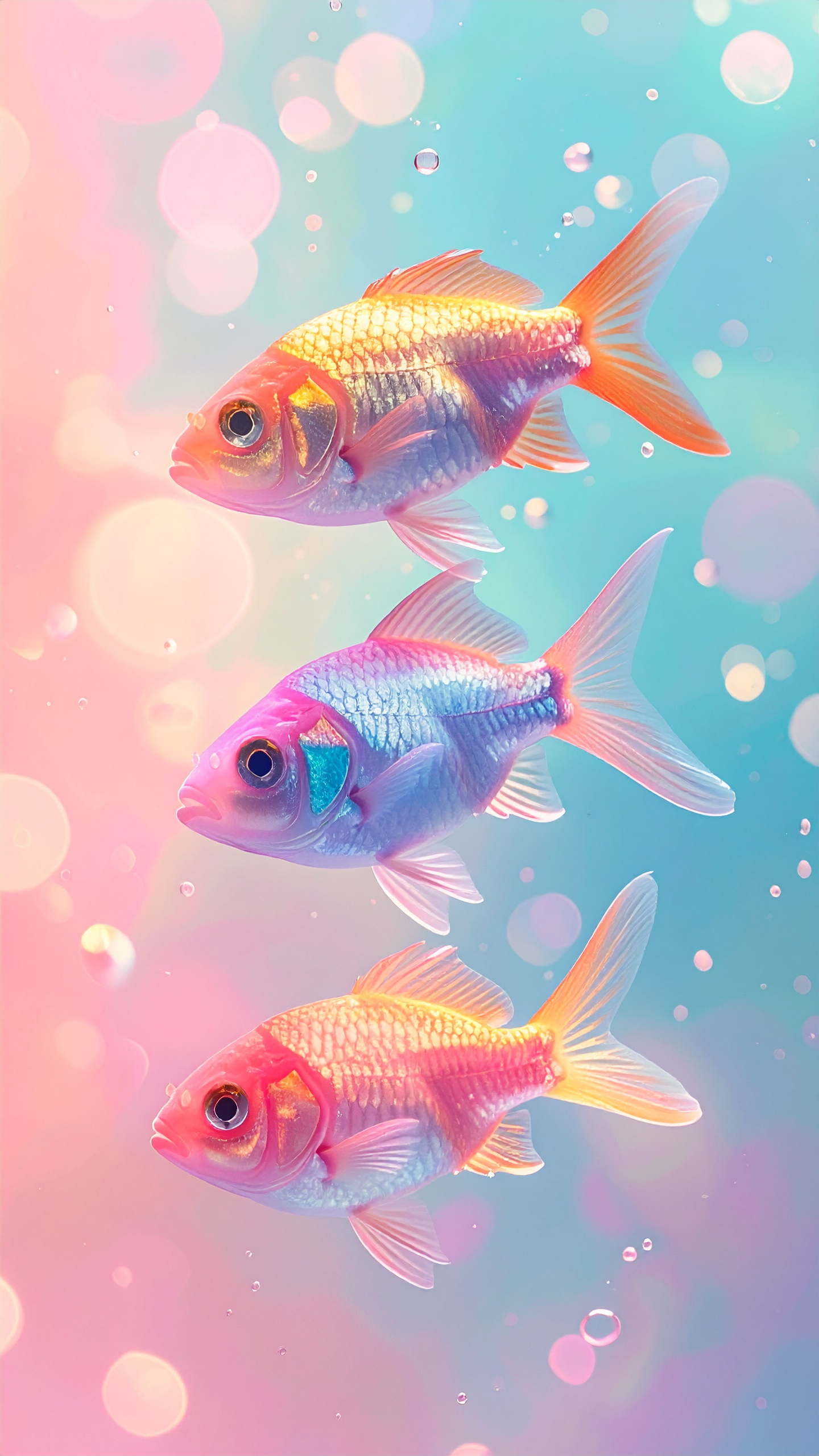 ピンク、青、オレンジの幻想的な光の中で、水泡と共に泳ぐ三匹の美しい魚たち。