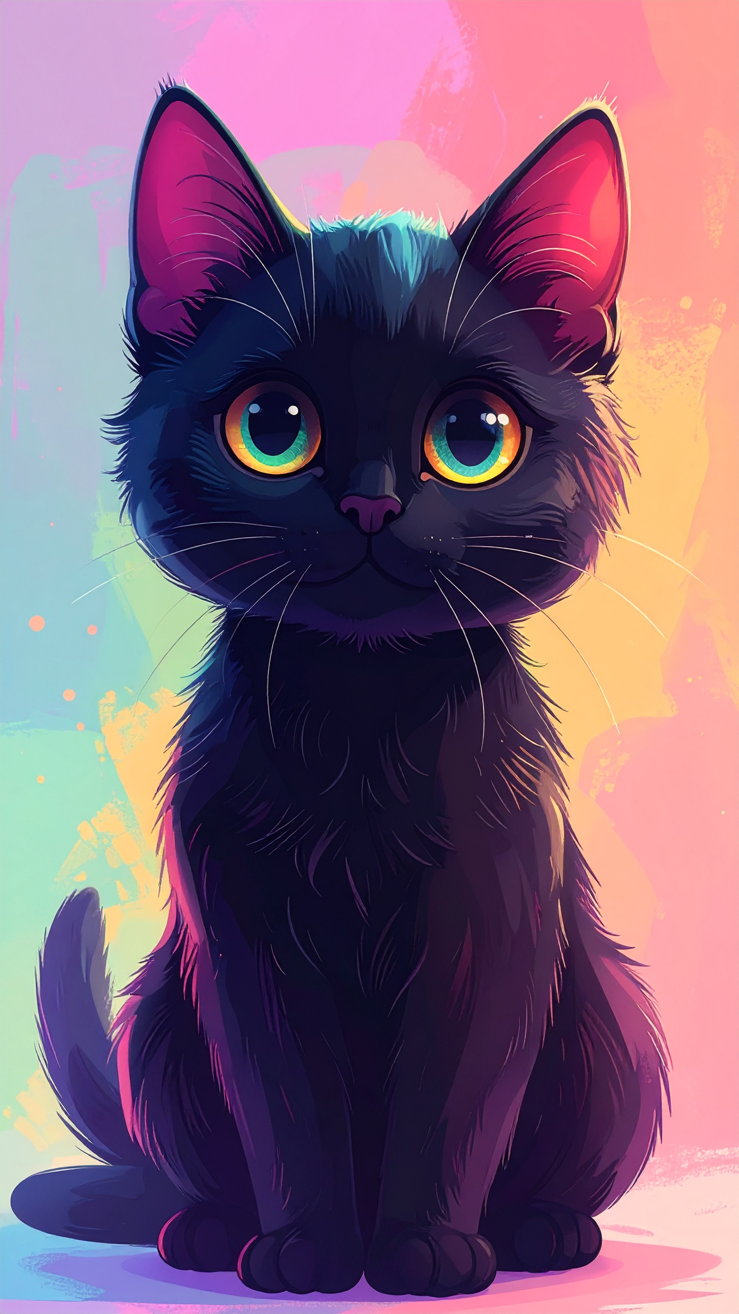 黒い毛並みと、青・緑・黄色の虹色に輝く大きな瞳が印象的な子猫のイラスト。